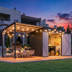 Aoxun 6x4FT Outdoor Storage Shed & Hardtop Gazebo Combo, 12x4FT Metal Lean to Shed with Open-Sided Pergola, 2-in-1 Durable Garden Tool Shed for Patio, Backyard, Deck