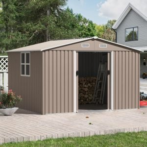 10FT x 8FT Outdoor Storage Shed, Waterproof Lockable Door Metal Tool Shed with Sliding Door and Ventilation, Gardening Tool Storage Room, Metal Storage Shed for Gardens and Lawns