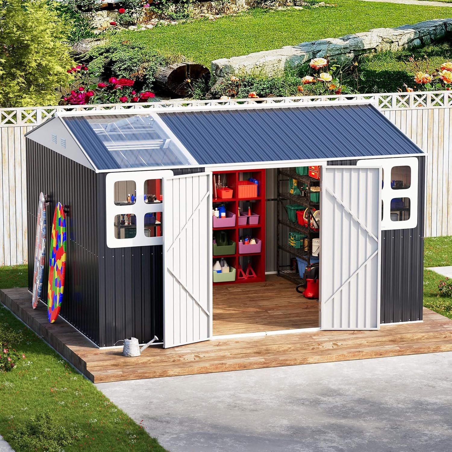 10x12 FT Outdoor Metal Storage Shed with Unique Floor Base Clear Roof Window Lockable Door Vent,Waterproof Heavy Duty Reinforced Frame Sheds for Yard Store Large Lawnmower Tool,... 10x12 FT Outdoor Metal Storage Shed with Unique Floor Base Clear Roof Window Lockable Door Vent,Waterproof Heavy Duty Reinforced Frame Sheds for Yard Store Large Lawnmower Tool,...