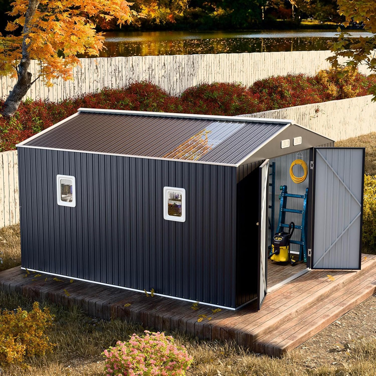 10x12 FT Outdoor Metal Storage Shed with Unique Floor Base Clear Roof Window Lockable Door Vent,Waterproof Heavy Duty Reinforced Frame Sheds for Yard Store Large Lawnmower Tool,...