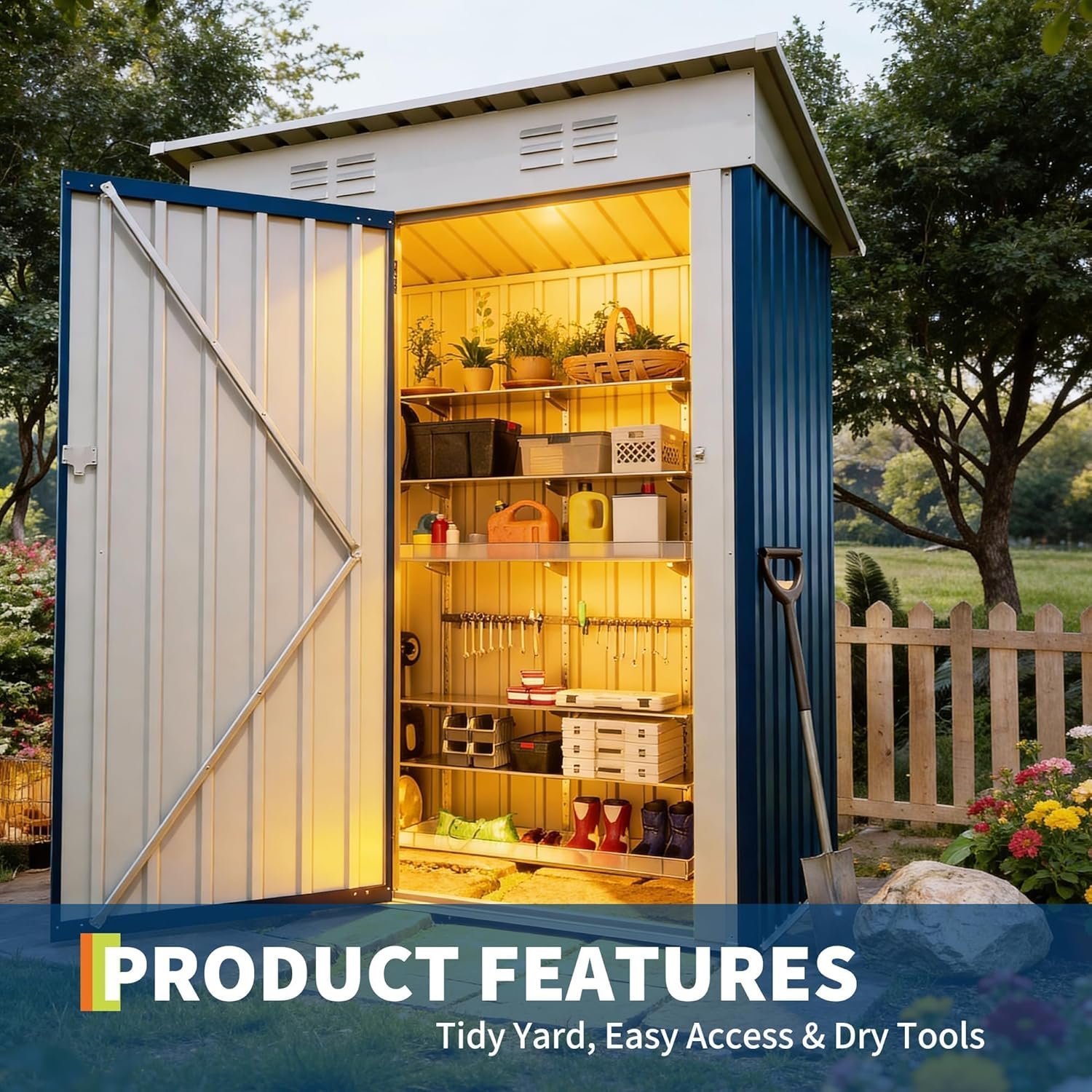 5x3 ft Outdoor Storage Shed & Tool Shed, Metal Garden Shed with Sloping Roof and Lockable Door, Compact Utility Shed for Backyard, Patio, Garden Storage, Blue 5x3 ft Outdoor Storage Shed & Tool Shed, Metal Garden Shed with Sloping Roof and Lockable Door, Compact Utility Shed for Backyard, Patio, Garden Storage, Blue