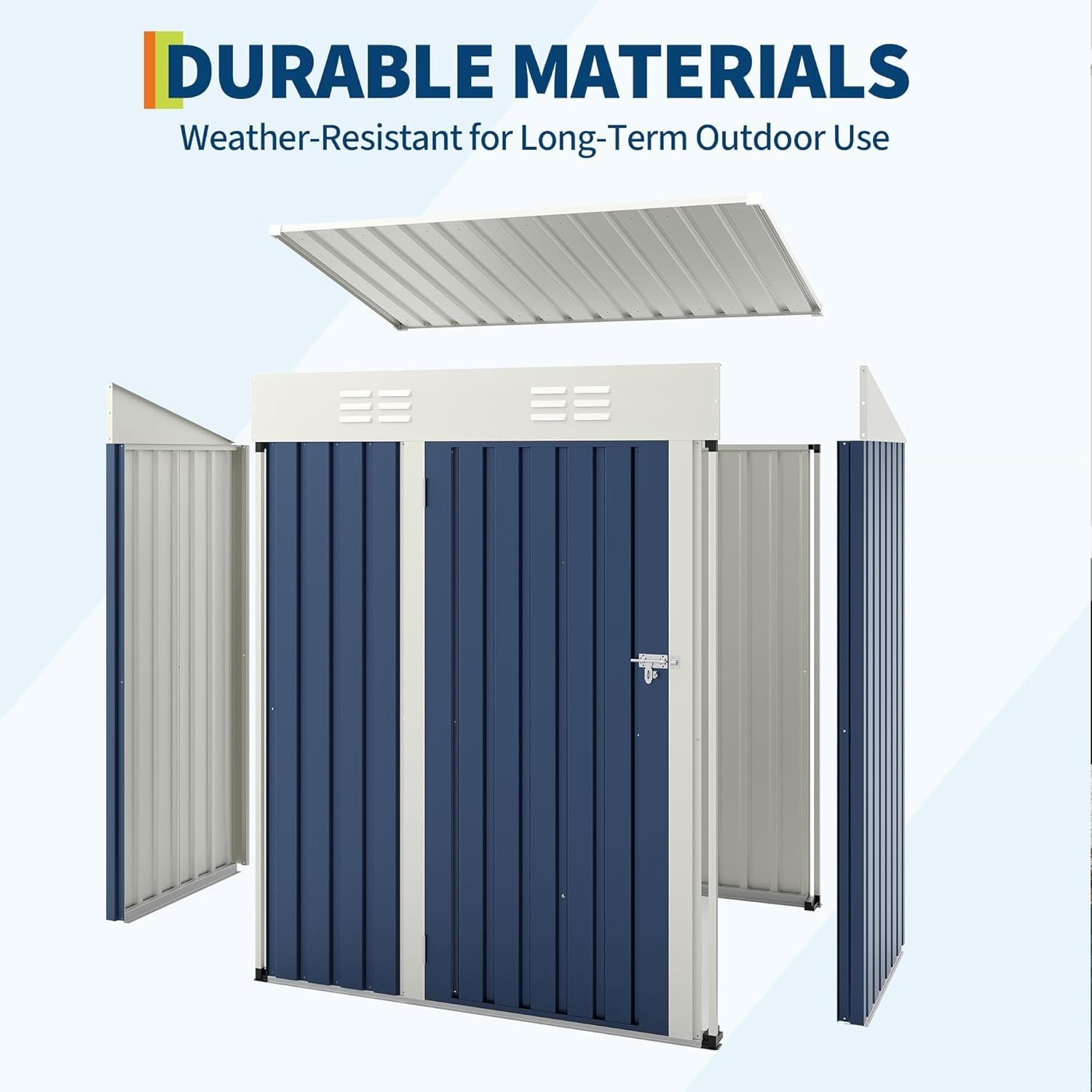 5x3 ft Outdoor Storage Shed & Tool Shed, Metal Garden Shed with Sloping Roof and Lockable Door, Compact Utility Shed for Backyard, Patio, Garden Storage, Blue 5x3 ft Outdoor Storage Shed & Tool Shed, Metal Garden Shed with Sloping Roof and Lockable Door, Compact Utility Shed for Backyard, Patio, Garden Storage, Blue