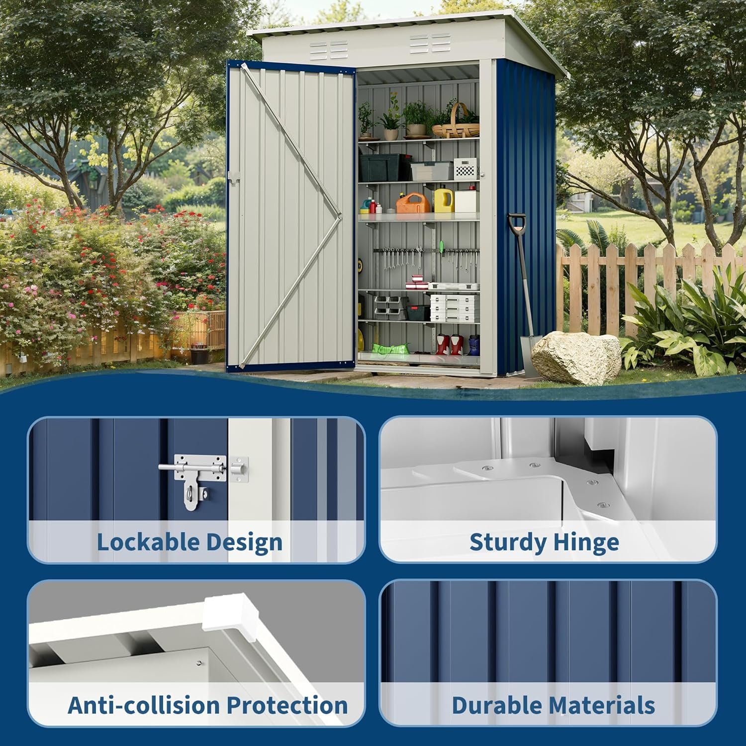 5x3 ft Outdoor Storage Shed & Tool Shed, Metal Garden Shed with Sloping Roof and Lockable Door, Compact Utility Shed for Backyard, Patio, Garden Storage, Blue 5x3 ft Outdoor Storage Shed & Tool Shed, Metal Garden Shed with Sloping Roof and Lockable Door, Compact Utility Shed for Backyard, Patio, Garden Storage, Blue