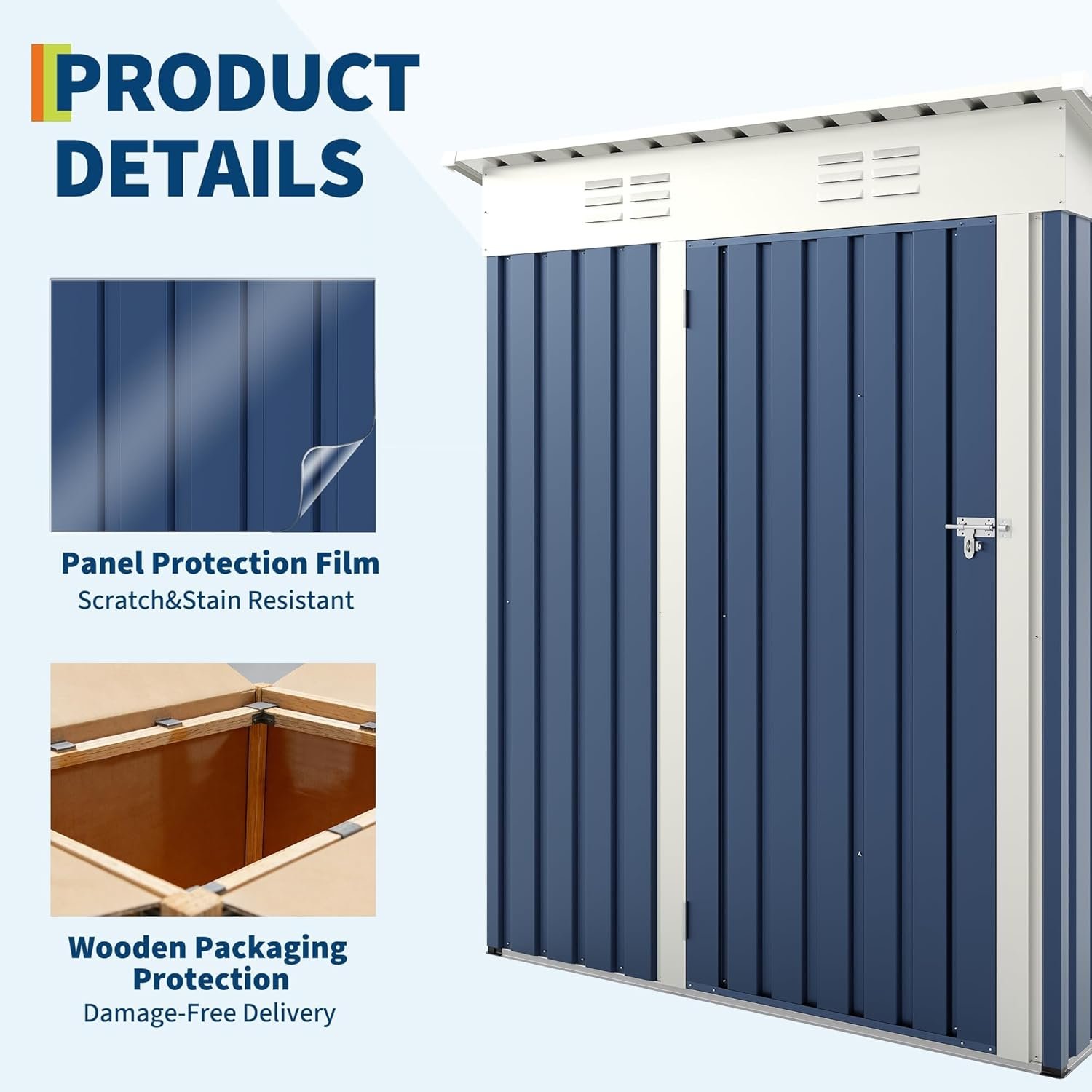 5x3 ft Outdoor Storage Shed & Tool Shed, Metal Garden Shed with Sloping Roof and Lockable Door, Compact Utility Shed for Backyard, Patio, Garden Storage, Blue 5x3 ft Outdoor Storage Shed & Tool Shed, Metal Garden Shed with Sloping Roof and Lockable Door, Compact Utility Shed for Backyard, Patio, Garden Storage, Blue