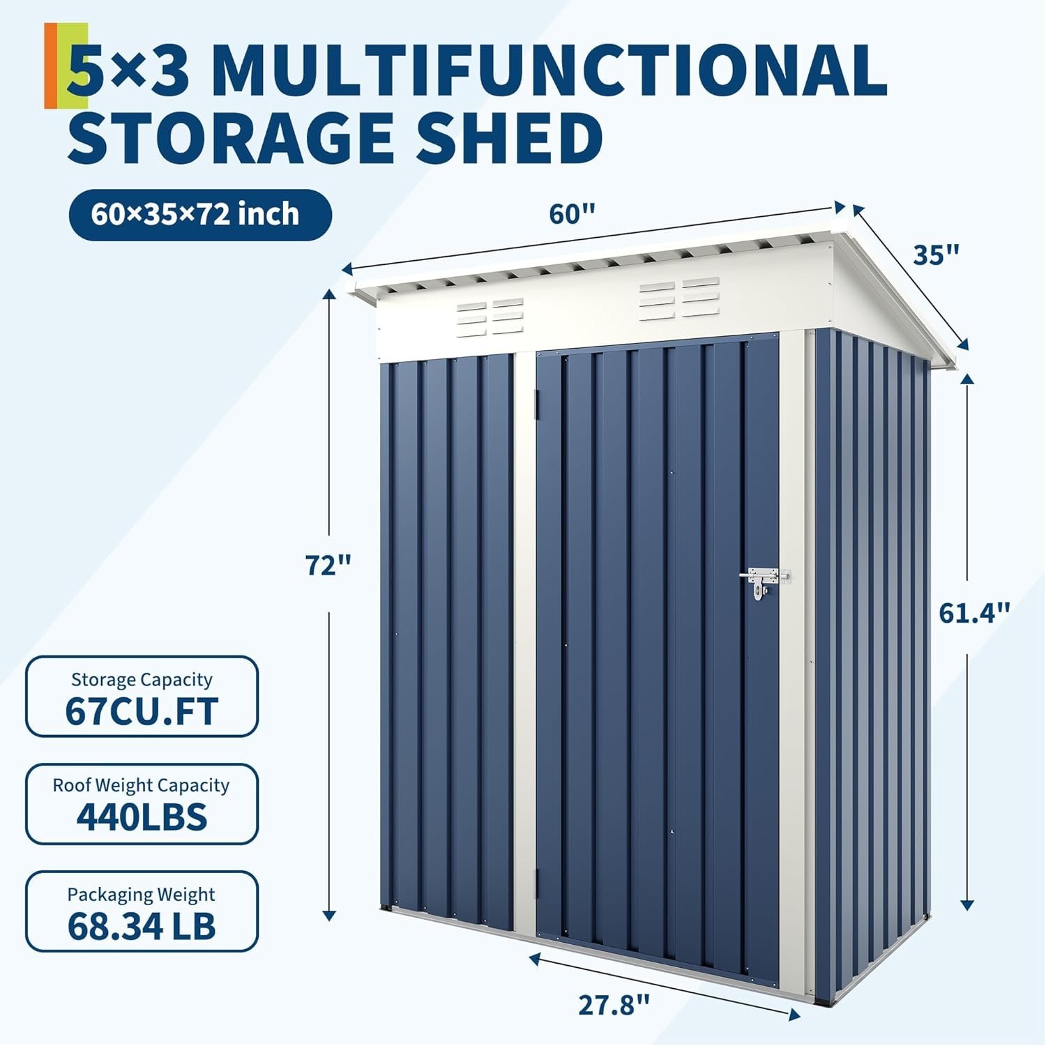 5x3 ft Outdoor Storage Shed & Tool Shed, Metal Garden Shed with Sloping Roof and Lockable Door, Compact Utility Shed for Backyard, Patio, Garden Storage, Blue 5x3 ft Outdoor Storage Shed & Tool Shed, Metal Garden Shed with Sloping Roof and Lockable Door, Compact Utility Shed for Backyard, Patio, Garden Storage, Blue