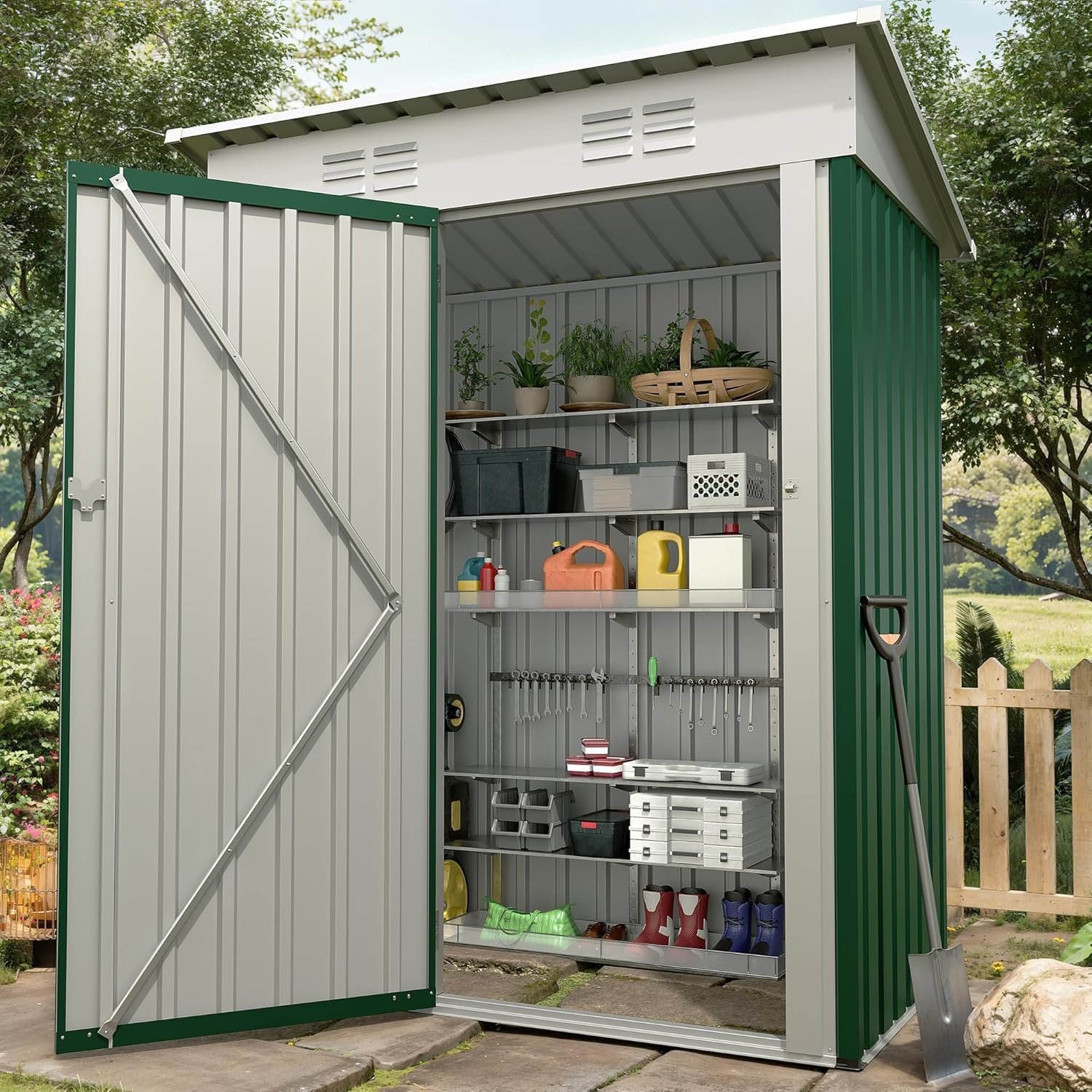 5x3 ft Outdoor Storage Shed & Tool Shed, Metal Garden Shed with Sloping Roof and Lockable Door, Compact Utility Shed for Backyard, Patio, Garden Storage, Blue 5x3 ft Outdoor Storage Shed & Tool Shed, Metal Garden Shed with Sloping Roof and Lockable Door, Compact Utility Shed for Backyard, Patio, Garden Storage, Blue