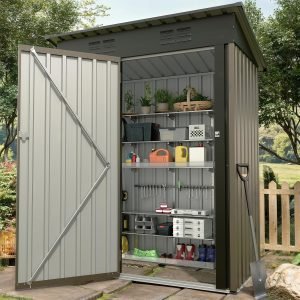 5x3FT Metal Storage Shed with Sloped Roof, Lockable Doors, Solar Light, Windows, and Vents, Outdoor Storage Sheds for Garden, Backyard, Patio Tools and Equipment