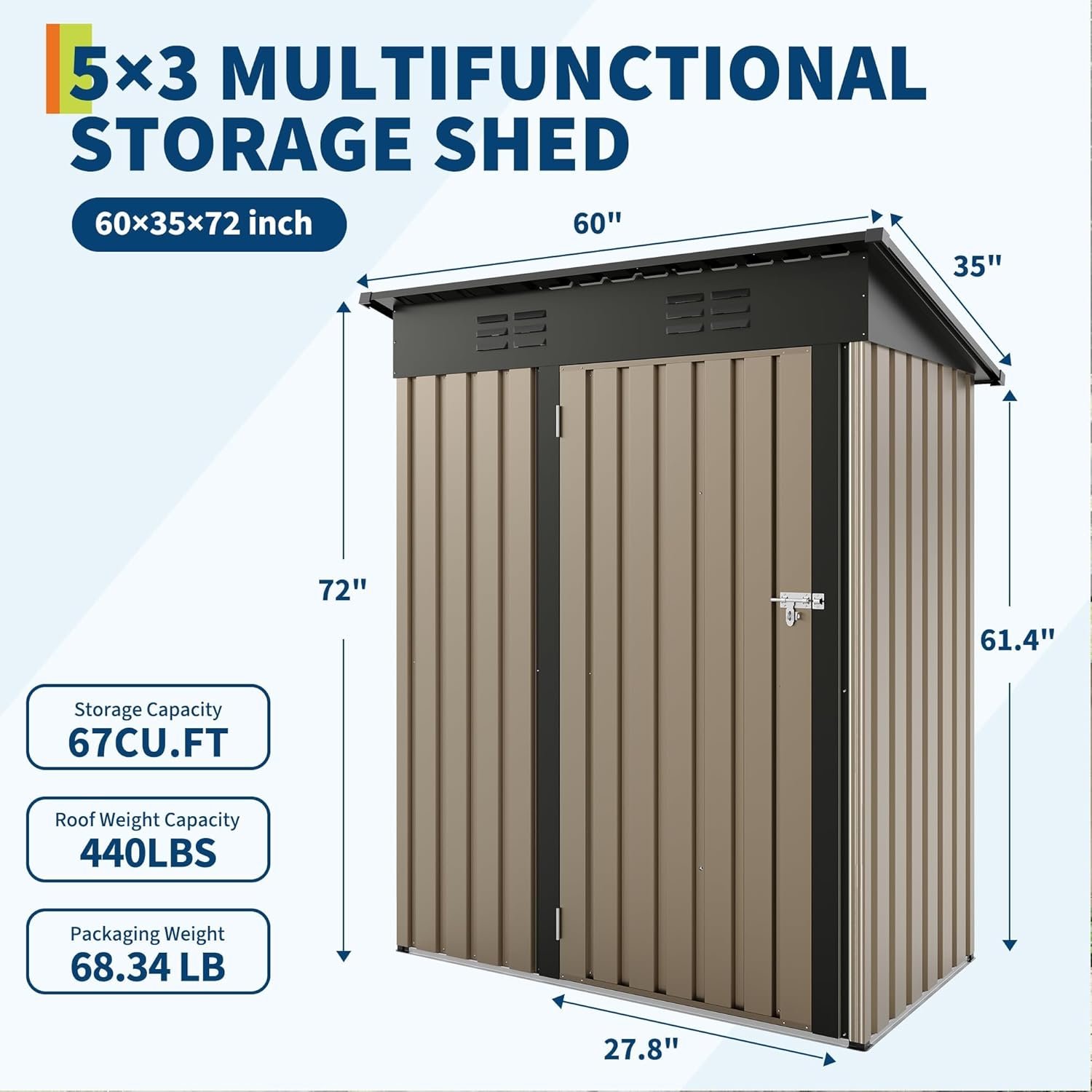 5x3FT Metal Storage Shed with Sloped Roof, Lockable Doors, Solar Light, Windows, and Vents, Outdoor Storage Sheds for Garden, Backyard, Patio Tools and Equipment 5x3FT Metal Storage Shed with Sloped Roof, Lockable Doors, Solar Light, Windows, and Vents, Outdoor Storage Sheds for Garden, Backyard, Patio Tools and Equipment