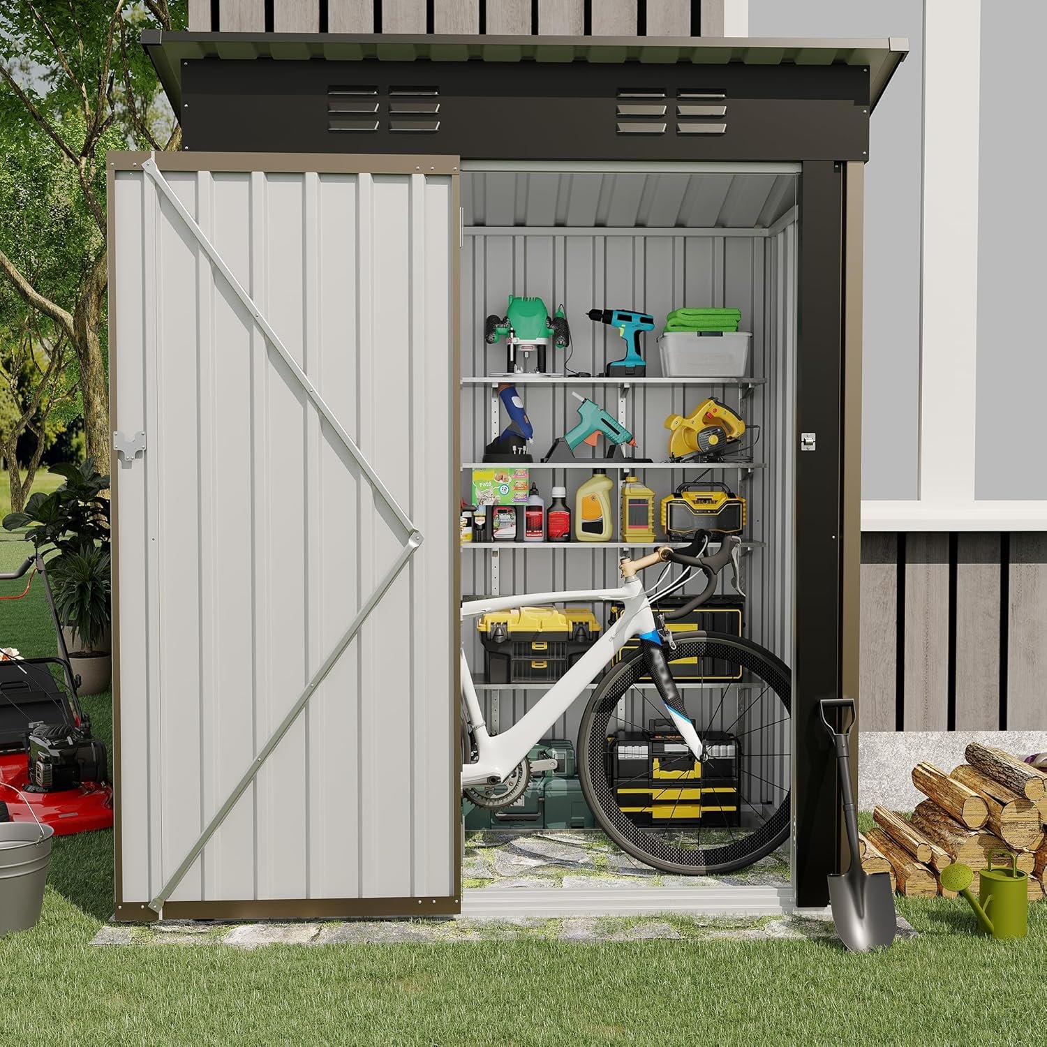 5x3FT Metal Storage Shed with Sloped Roof, Lockable Doors, Solar Light, Windows, and Vents, Outdoor Storage Sheds for Garden, Backyard, Patio Tools and Equipment 5x3FT Metal Storage Shed with Sloped Roof, Lockable Doors, Solar Light, Windows, and Vents, Outdoor Storage Sheds for Garden, Backyard, Patio Tools and Equipment