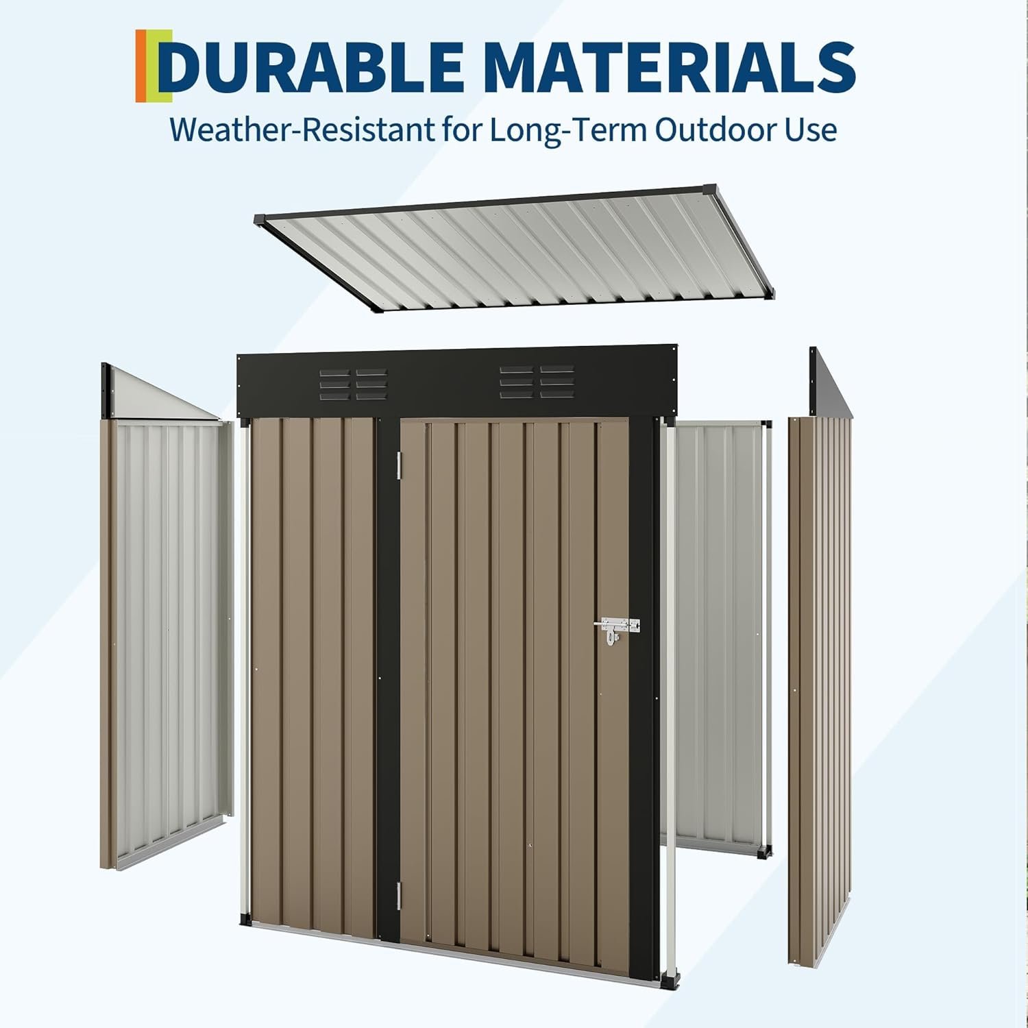 5x3FT Metal Storage Shed with Sloped Roof, Lockable Doors, Solar Light, Windows, and Vents, Outdoor Storage Sheds for Garden, Backyard, Patio Tools and Equipment 5x3FT Metal Storage Shed with Sloped Roof, Lockable Doors, Solar Light, Windows, and Vents, Outdoor Storage Sheds for Garden, Backyard, Patio Tools and Equipment