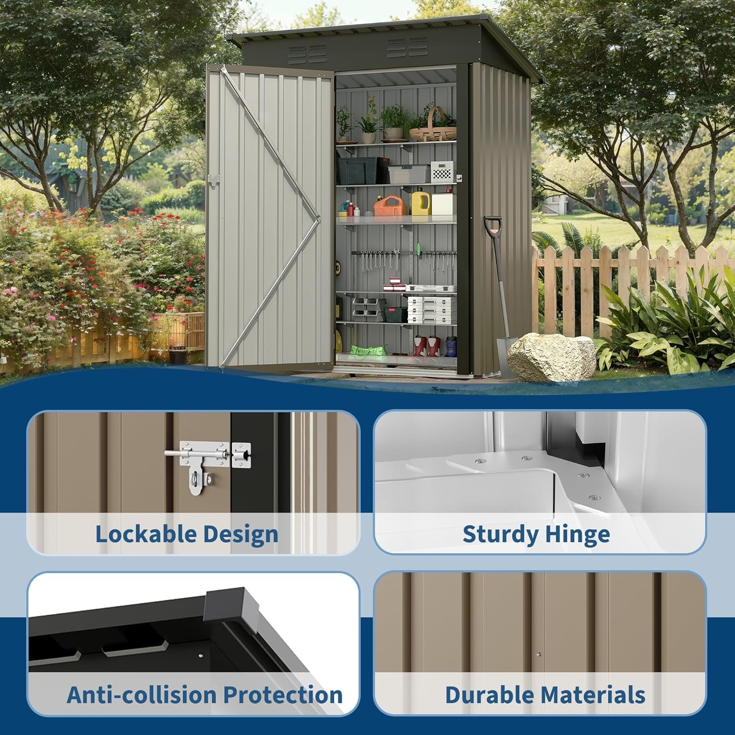 5x3FT Metal Storage Shed with Sloped Roof, Lockable Doors, Solar Light, Windows, and Vents, Outdoor Storage Sheds for Garden, Backyard, Patio Tools and Equipment 5x3FT Metal Storage Shed with Sloped Roof, Lockable Doors, Solar Light, Windows, and Vents, Outdoor Storage Sheds for Garden, Backyard, Patio Tools and Equipment