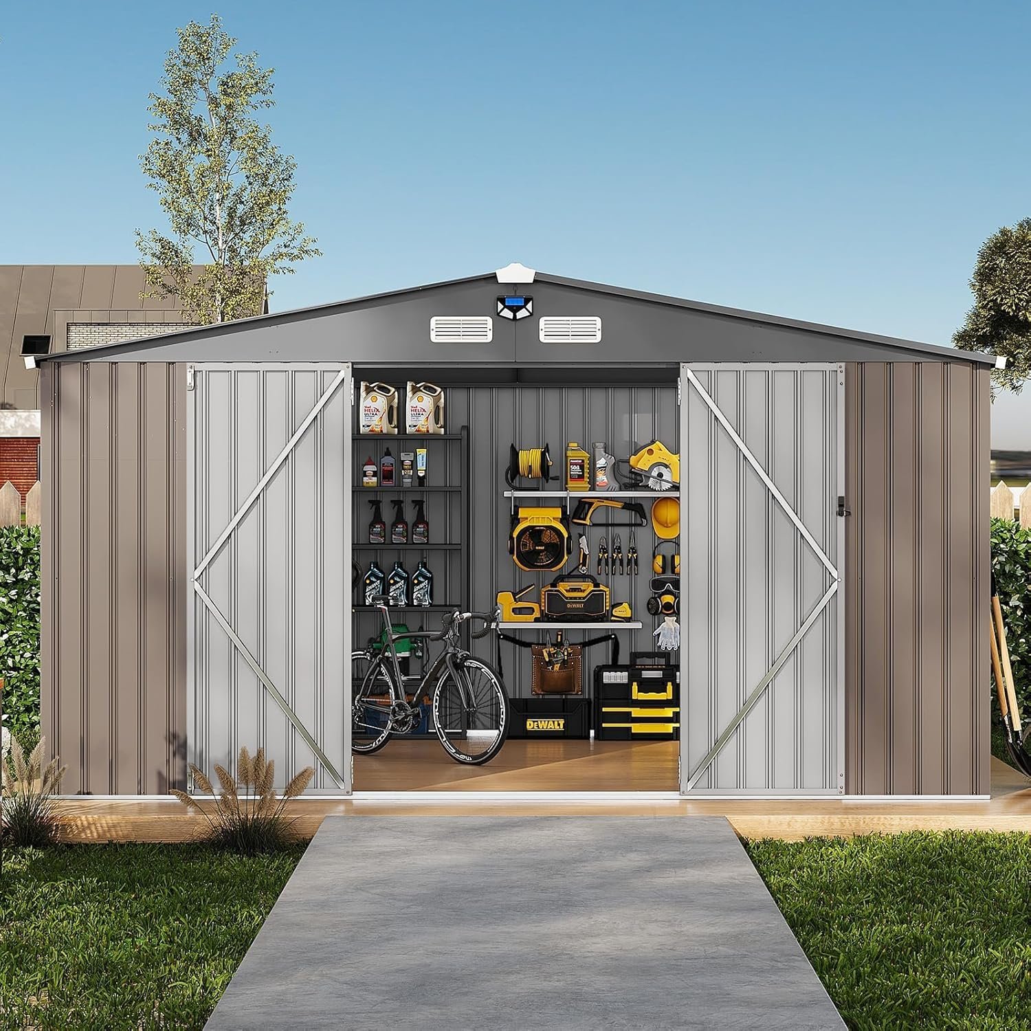 5x3FT Metal Storage Shed with Sloped Roof, Lockable Doors, Solar Light, Windows, and Vents, Outdoor Storage Sheds for Garden, Backyard, Patio Tools and Equipment 5x3FT Metal Storage Shed with Sloped Roof, Lockable Doors, Solar Light, Windows, and Vents, Outdoor Storage Sheds for Garden, Backyard, Patio Tools and Equipment