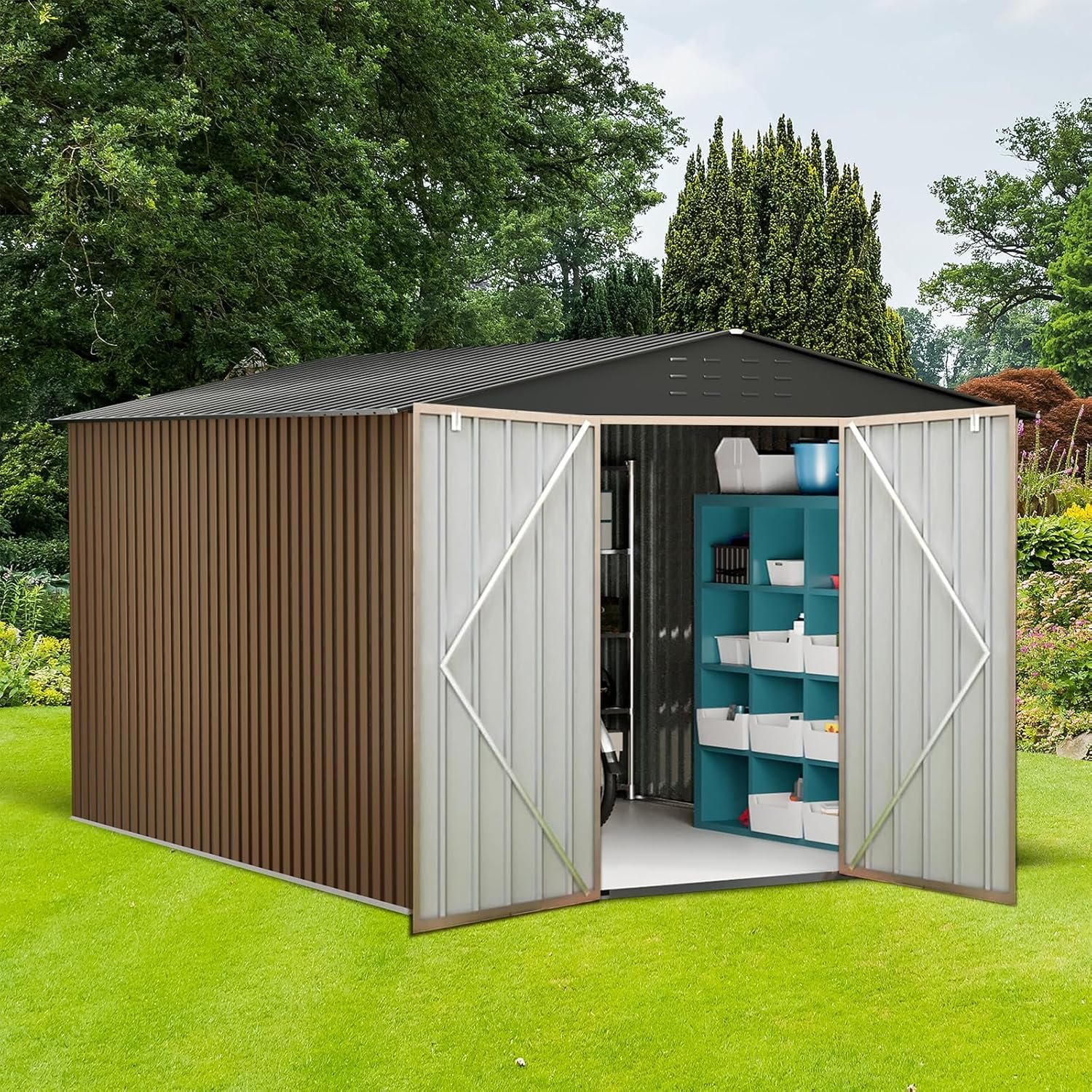 5x3FT Metal Storage Shed with Sloped Roof, Lockable Doors, Solar Light, Windows, and Vents, Outdoor Storage Sheds for Garden, Backyard, Patio Tools and Equipment 5x3FT Metal Storage Shed with Sloped Roof, Lockable Doors, Solar Light, Windows, and Vents, Outdoor Storage Sheds for Garden, Backyard, Patio Tools and Equipment