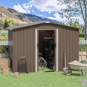 8FT x 6FT Outdoor Storage Shed,Waterproof Lockable Door Metal Tool Shed with Sliding Door and Air Vents,Storage House for Gardening Tools,Metal Storage Shed for...