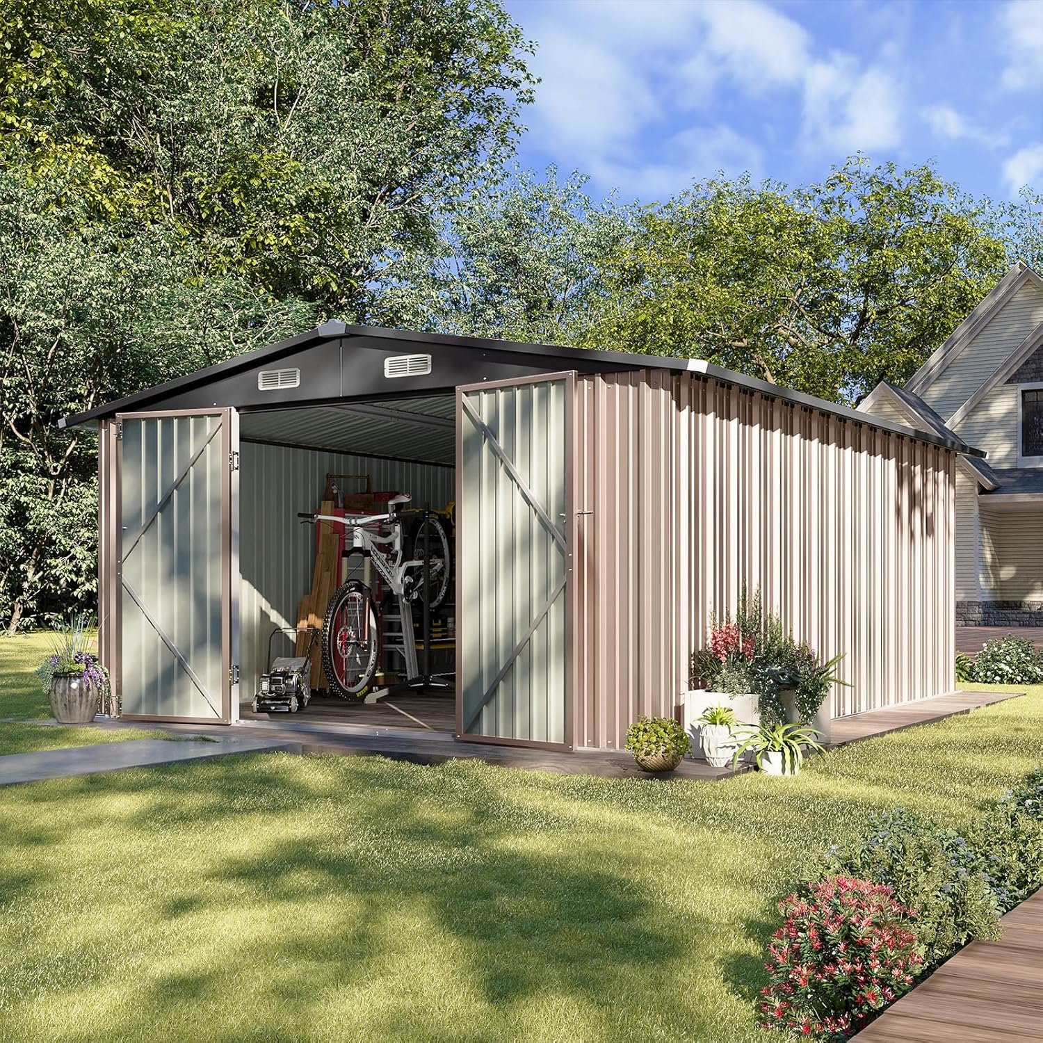 Aoxun 10 x 12FT Outdoor Storage Shed with Double Hinged Large Door Utility Garden Shed with Lockable Door & Sloped Roof Metal Sheds Outdoor Storage for Garden, Backyard, Patio... Aoxun 10 x 12FT Outdoor Storage Shed with Double Hinged Large Door Utility Garden Shed with Lockable Door & Sloped Roof Metal Sheds Outdoor Storage for Garden, Backyard, Patio...