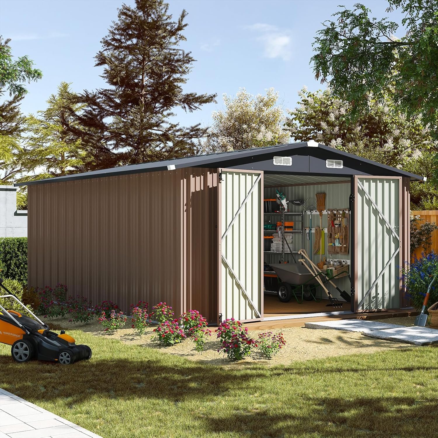 Aoxun 10 x 12FT Outdoor Storage Shed with Double Hinged Large Door Utility Garden Shed with Lockable Door & Sloped Roof Metal Sheds Outdoor Storage for Garden, Backyard, Patio... Aoxun 10 x 12FT Outdoor Storage Shed with Double Hinged Large Door Utility Garden Shed with Lockable Door & Sloped Roof Metal Sheds Outdoor Storage for Garden, Backyard, Patio...