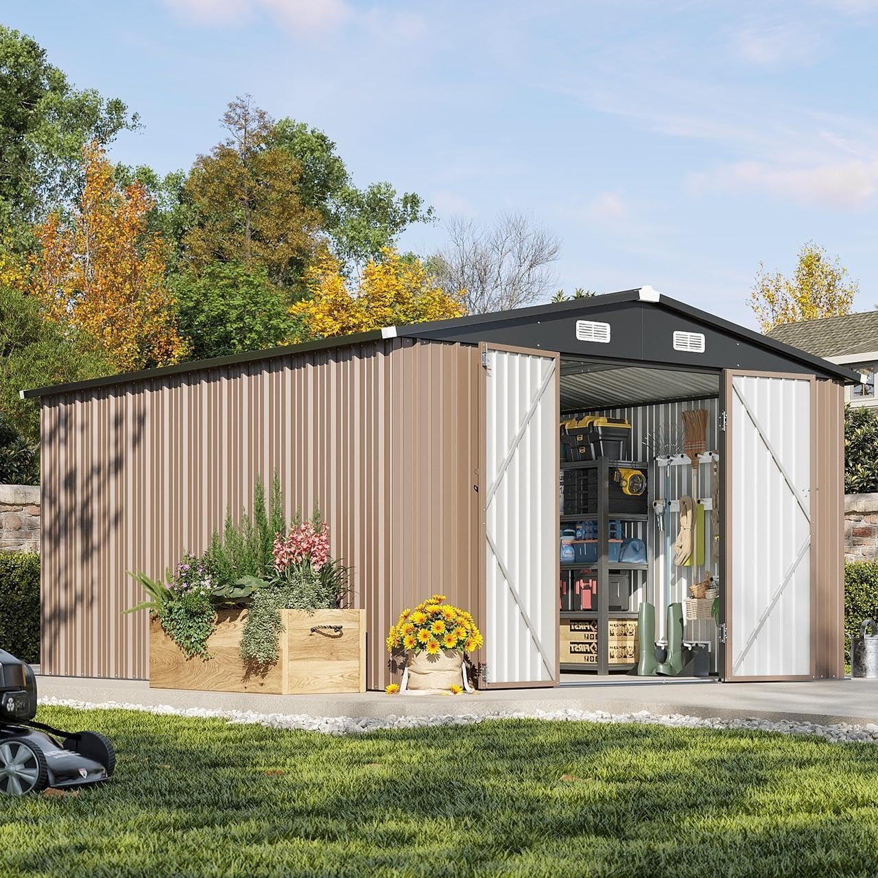 Aoxun 10 x 12FT Outdoor Storage Shed with Double Hinged Large Door Utility Garden Shed with Lockable Door & Sloped Roof Metal Sheds Outdoor Storage for Garden, Backyard, Patio...