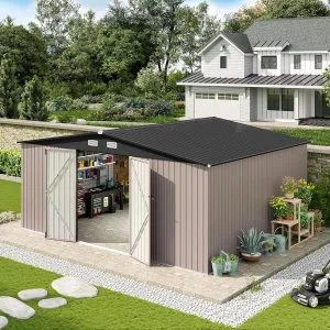 Aoxun 14x12 FT Large Outdoor Storage Shed, Galvanized Metal Shed with 2 Lockable Tall Doors & Sloped Roof, Heavy Duty Utility Tool Storage House for Patio, Garden, Backyard,...