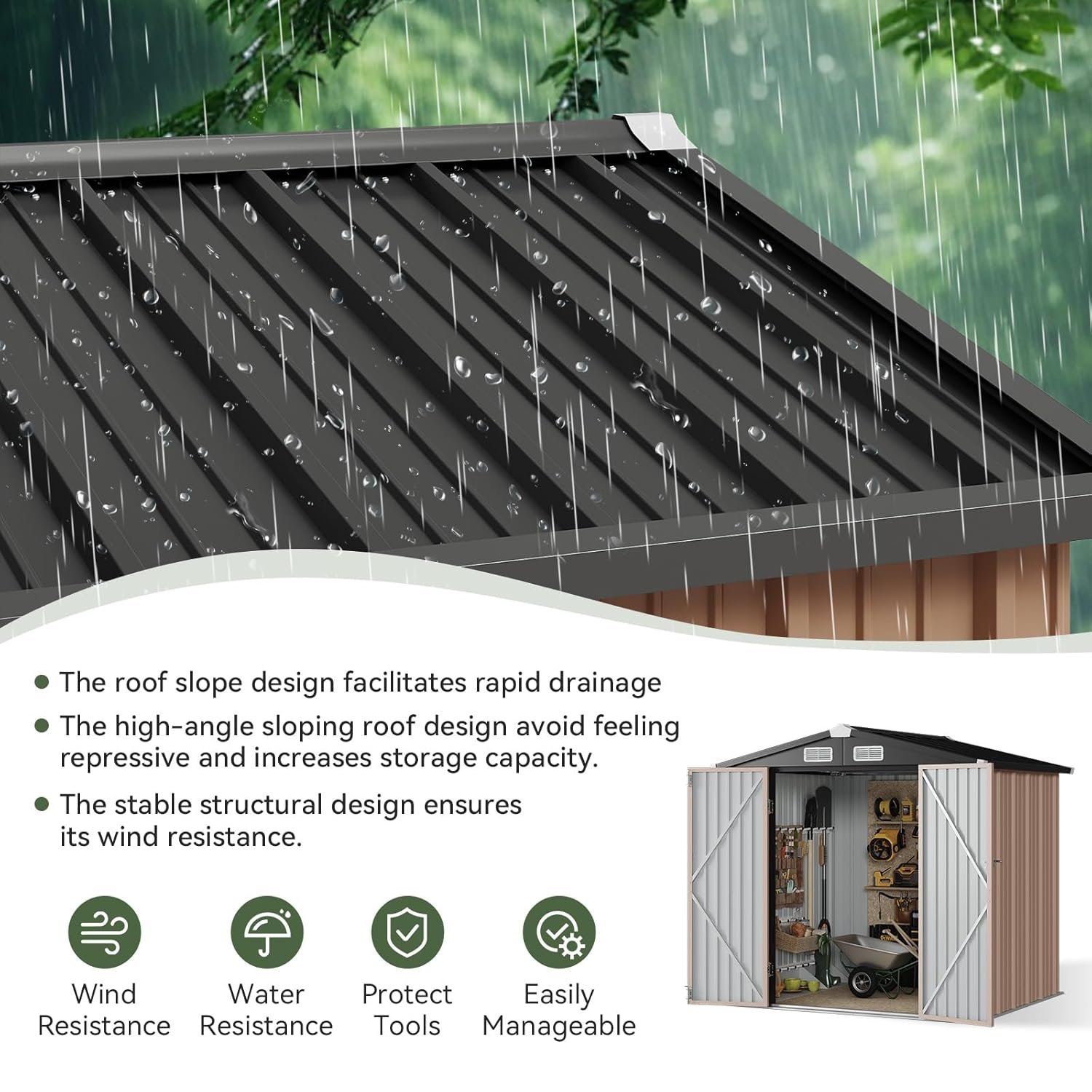 Aoxun 6.2x4 FT Shed Outdoor Storage Shed with Lockable Doors & Slooping Roof Metal Garden Tool Shed for Backyard, Patio, Poolside (Brown) Aoxun 6.2x4 FT Shed Outdoor Storage Shed with Lockable Doors & Slooping Roof Metal Garden Tool Shed for Backyard, Patio, Poolside (Brown)