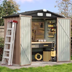 Aoxun 6.2x4 FT Shed Outdoor Storage Shed with Lockable Doors & Slooping Roof Metal Garden Tool Shed for Backyard, Patio, Poolside (Brown)