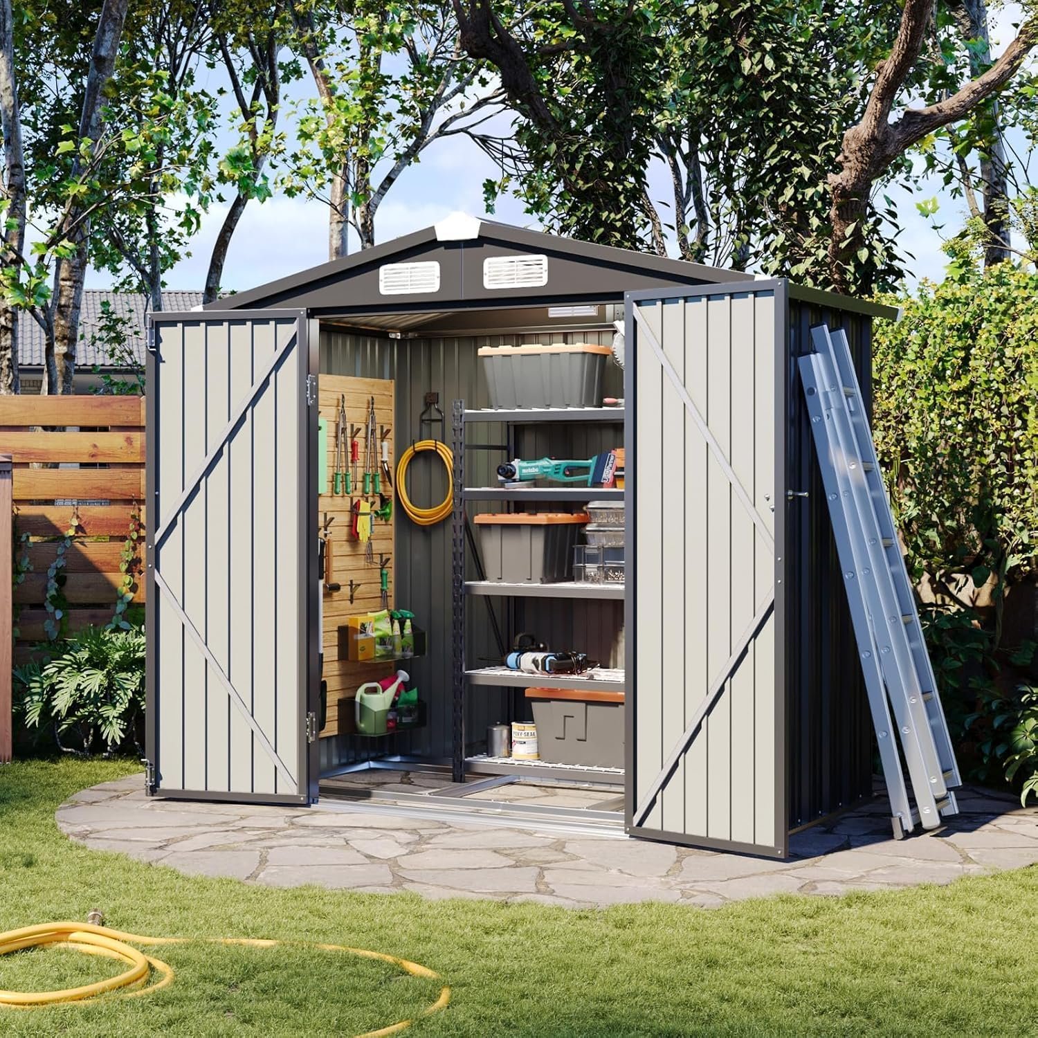 Aoxun 6.2x4 FT Shed Outdoor Storage Shed with Lockable Doors & Slooping Roof Metal Garden Tool Shed for Backyard, Patio, Poolside (Brown) Aoxun 6.2x4 FT Shed Outdoor Storage Shed with Lockable Doors & Slooping Roof Metal Garden Tool Shed for Backyard, Patio, Poolside (Brown)