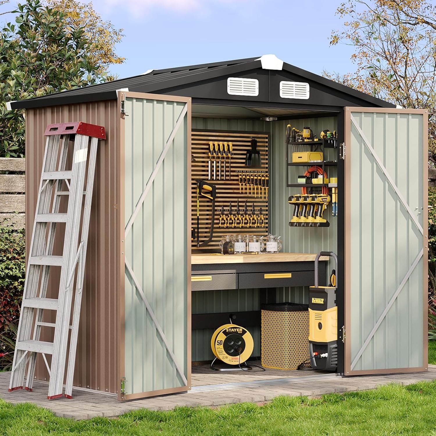 Aoxun 6.2x4 FT Shed Outdoor Storage Shed with Lockable Doors & Slooping Roof Metal Garden Tool Shed for Backyard, Patio, Poolside (Brown)