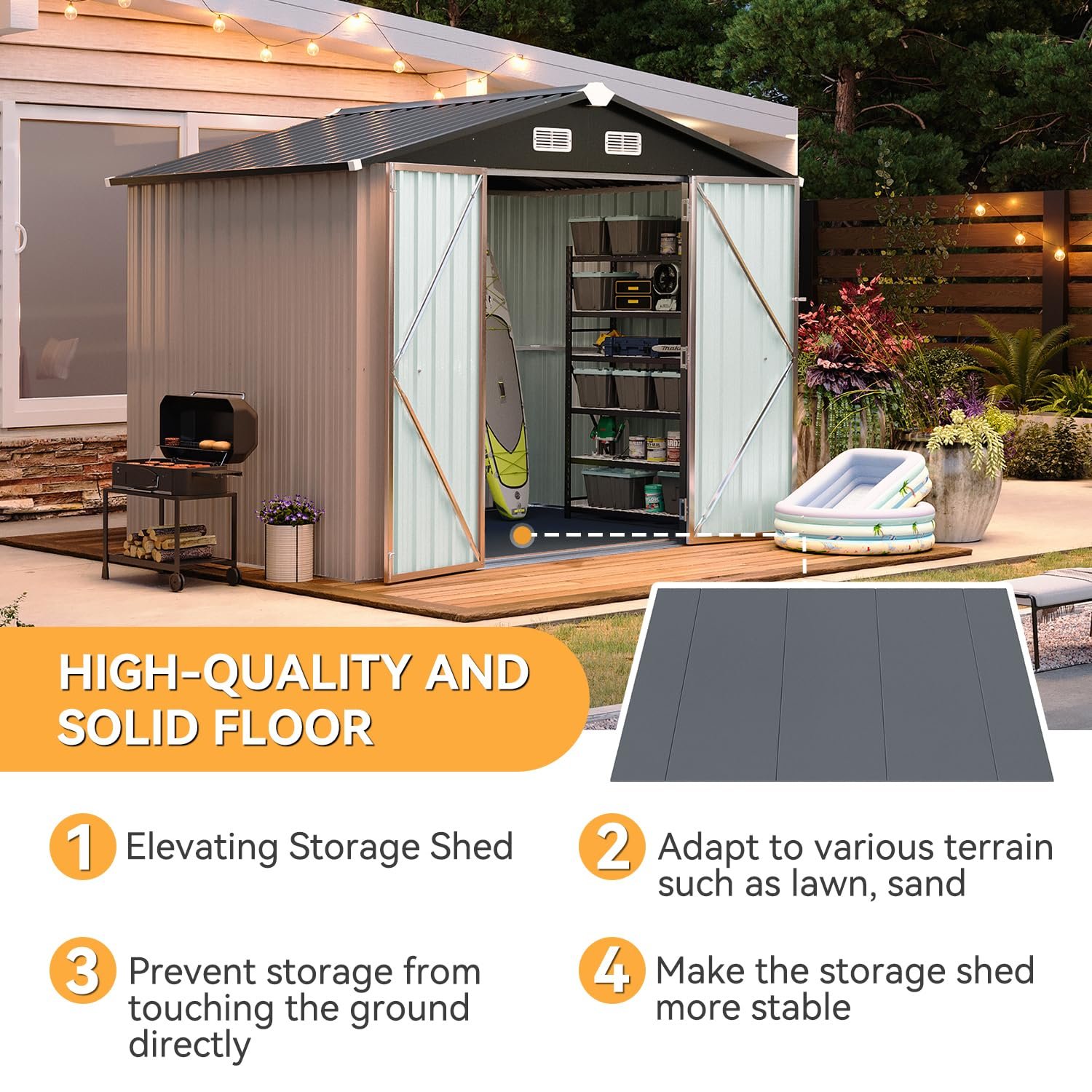 Aoxun 8x6FT Shed with Floor Galvanized Steel Outdoor Storage Shed Metal Garden Shed with Double Doors, Moisture-Proof Floor & Ventilation, Sloped Roof for Bike/Generator/Tool... Aoxun 8x6FT Shed with Floor Galvanized Steel Outdoor Storage Shed Metal Garden Shed with Double Doors, Moisture-Proof Floor & Ventilation, Sloped Roof for Bike/Generator/Tool...