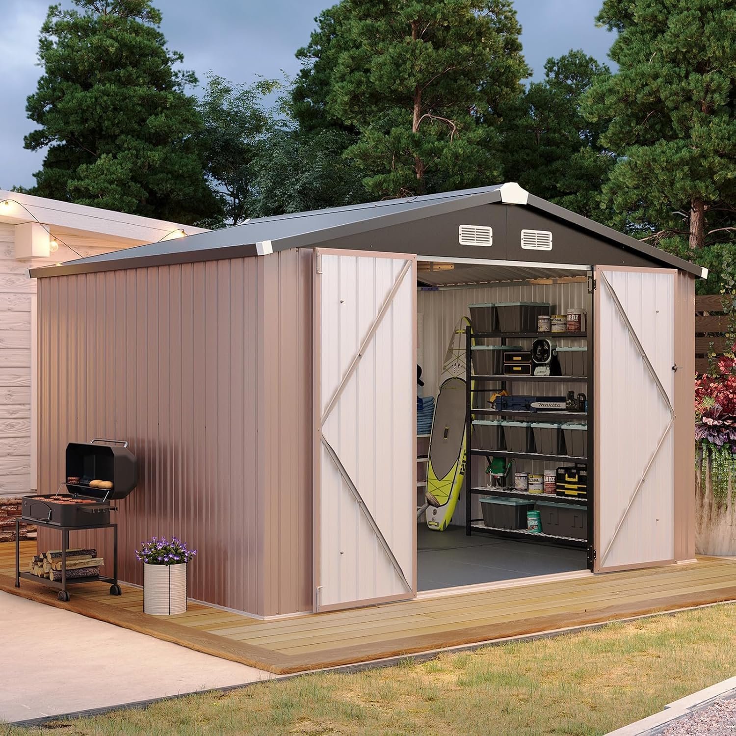 Aoxun 8x6FT Shed with Floor Galvanized Steel Outdoor Storage Shed Metal Garden Shed with Double Doors, Moisture-Proof Floor & Ventilation, Sloped Roof for Bike/Generator/Tool... Aoxun 8x6FT Shed with Floor Galvanized Steel Outdoor Storage Shed Metal Garden Shed with Double Doors, Moisture-Proof Floor & Ventilation, Sloped Roof for Bike/Generator/Tool...