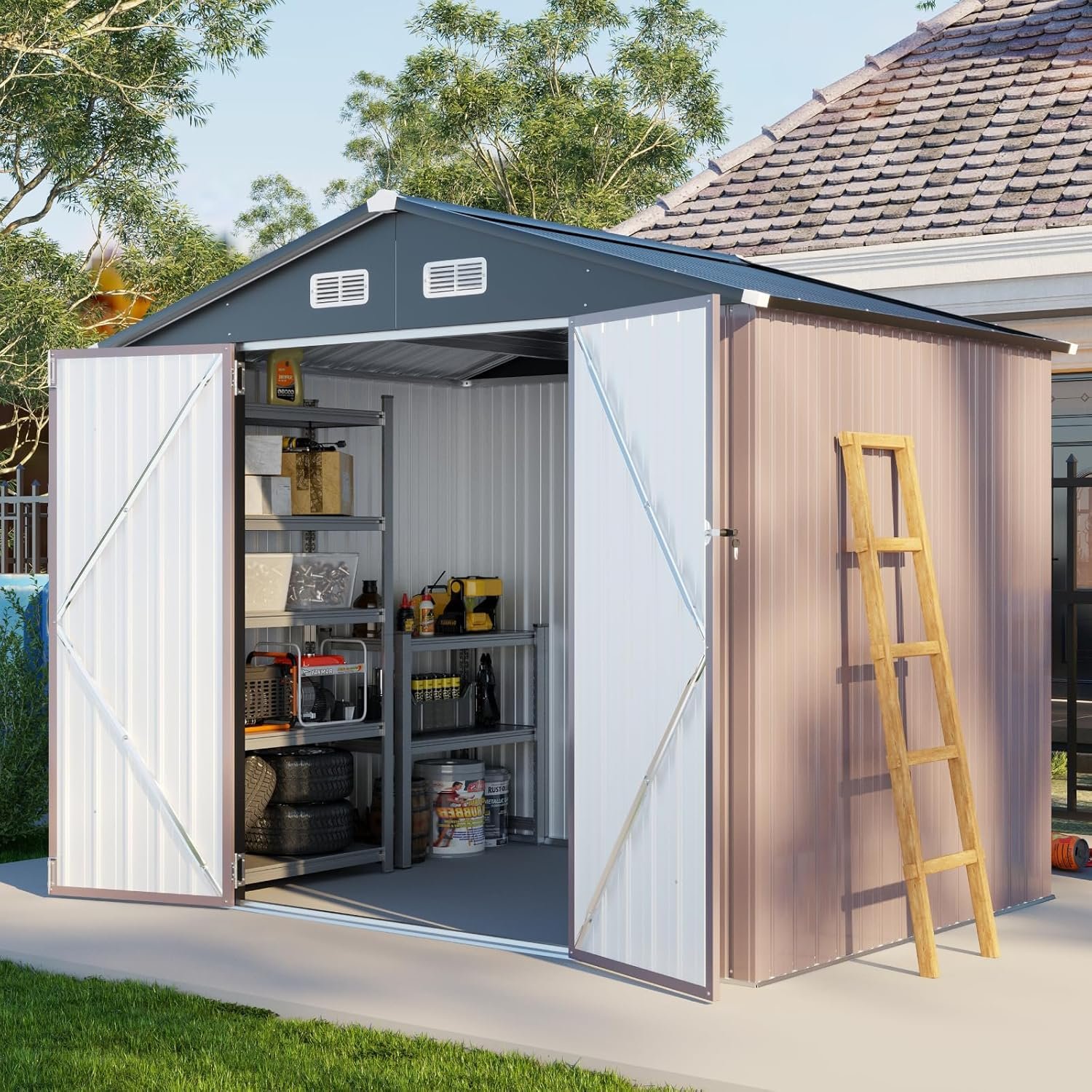 Aoxun 8x6FT Shed with Floor Galvanized Steel Outdoor Storage Shed Metal Garden Shed with Double Doors, Moisture-Proof Floor & Ventilation, Sloped Roof for Bike/Generator/Tool... Aoxun 8x6FT Shed with Floor Galvanized Steel Outdoor Storage Shed Metal Garden Shed with Double Doors, Moisture-Proof Floor & Ventilation, Sloped Roof for Bike/Generator/Tool...