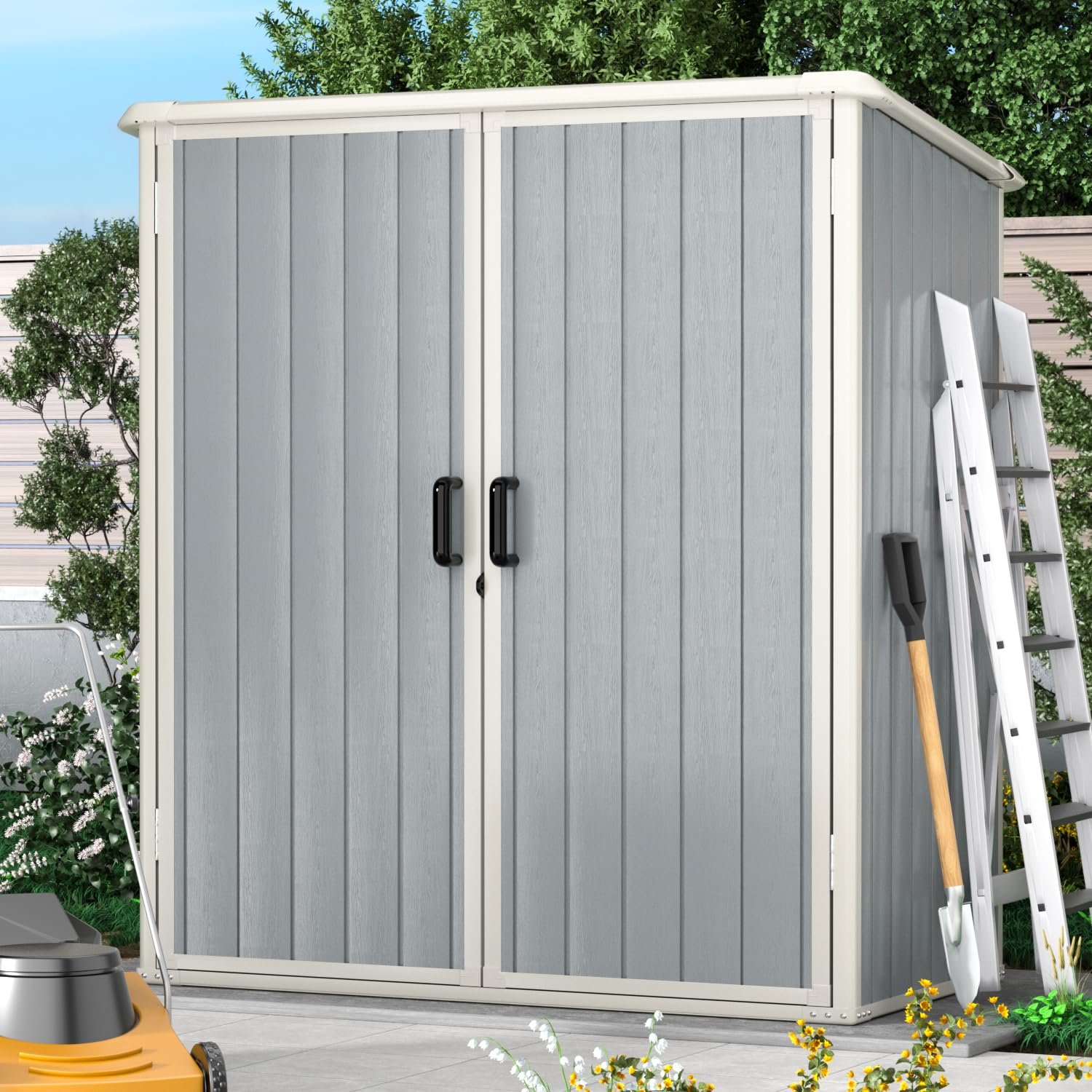 Aoxun Outdoor Storage Shed 5 x 3FT, Resin Shed with Floor and Lockable Door, Plastic Sheds for Garbage Can, Tool, Accessories, Lawn, Garden - Grey Aoxun Outdoor Storage Shed 5 x 3FT, Resin Shed with Floor and Lockable Door, Plastic Sheds for Garbage Can, Tool, Accessories, Lawn, Garden - Grey