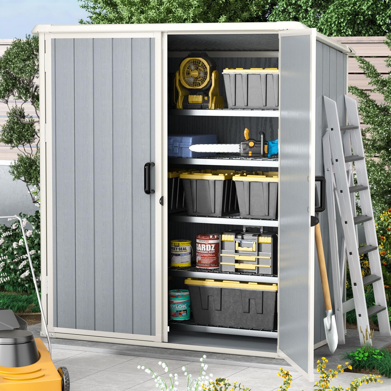 Aoxun Outdoor Storage Shed 5 x 3FT, Resin Shed with Floor and Lockable Door, Plastic Sheds for Garbage Can, Tool, Accessories, Lawn, Garden - Grey Aoxun Outdoor Storage Shed 5 x 3FT, Resin Shed with Floor and Lockable Door, Plastic Sheds for Garbage Can, Tool, Accessories, Lawn, Garden - Grey
