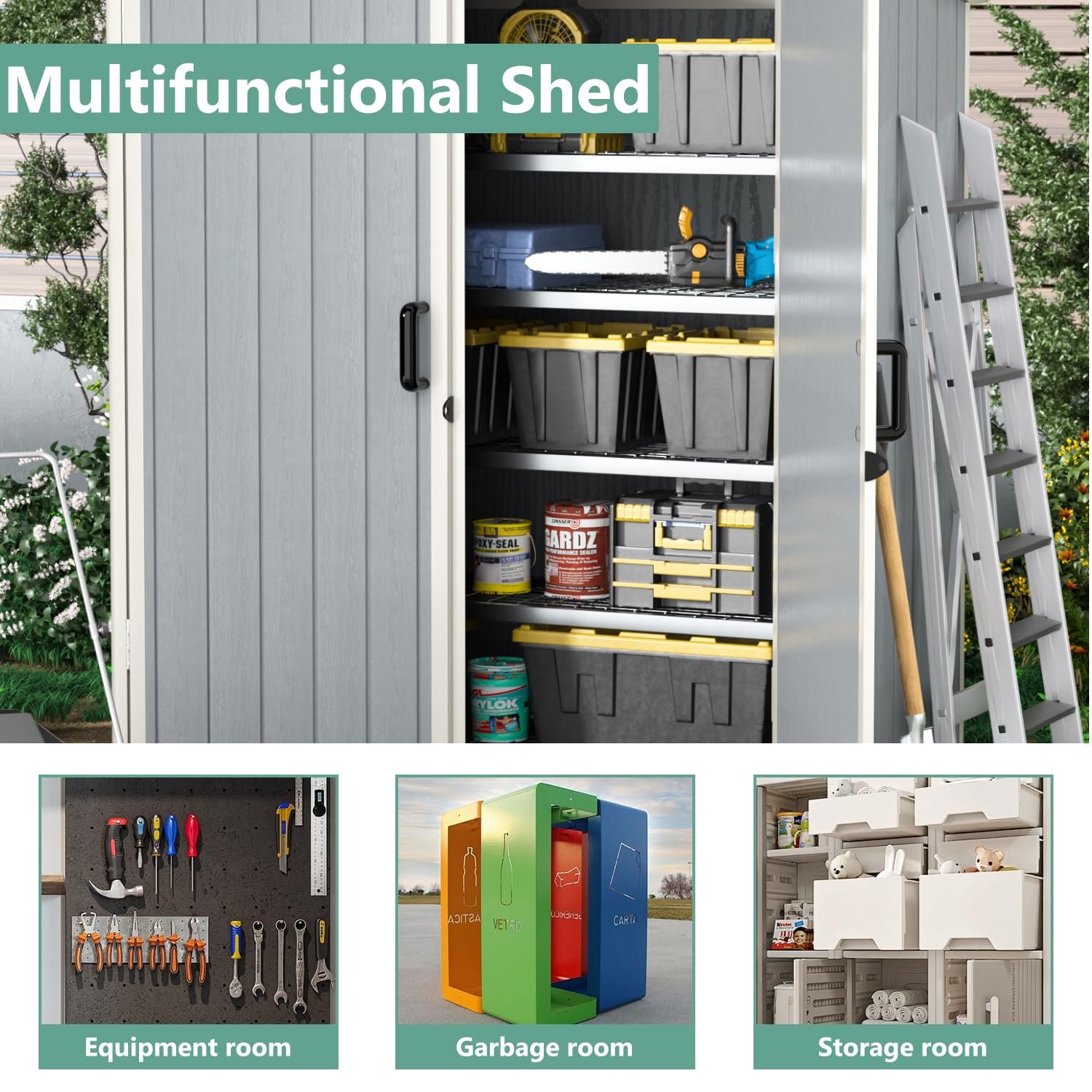 Aoxun Outdoor Storage Shed 5 x 3FT, Resin Shed with Floor and Lockable Door, Plastic Sheds for Garbage Can, Tool, Accessories, Lawn, Garden - Grey Aoxun Outdoor Storage Shed 5 x 3FT, Resin Shed with Floor and Lockable Door, Plastic Sheds for Garbage Can, Tool, Accessories, Lawn, Garden - Grey