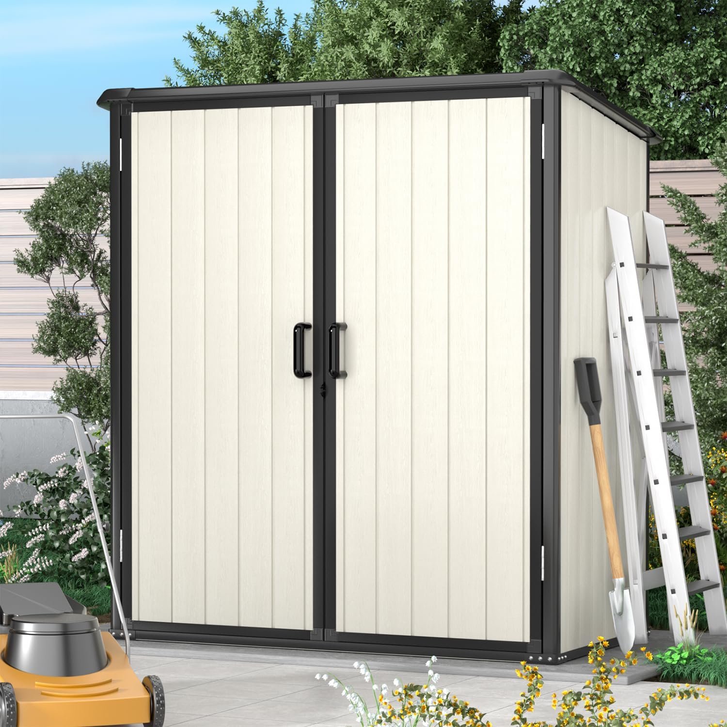 Aoxun Outdoor Storage Shed 5 x 3FT, Resin Shed with Floor and Lockable Door, Plastic Sheds for Garbage Can, Tool, Accessories, Lawn, Garden - Grey Aoxun Outdoor Storage Shed 5 x 3FT, Resin Shed with Floor and Lockable Door, Plastic Sheds for Garbage Can, Tool, Accessories, Lawn, Garden - Grey