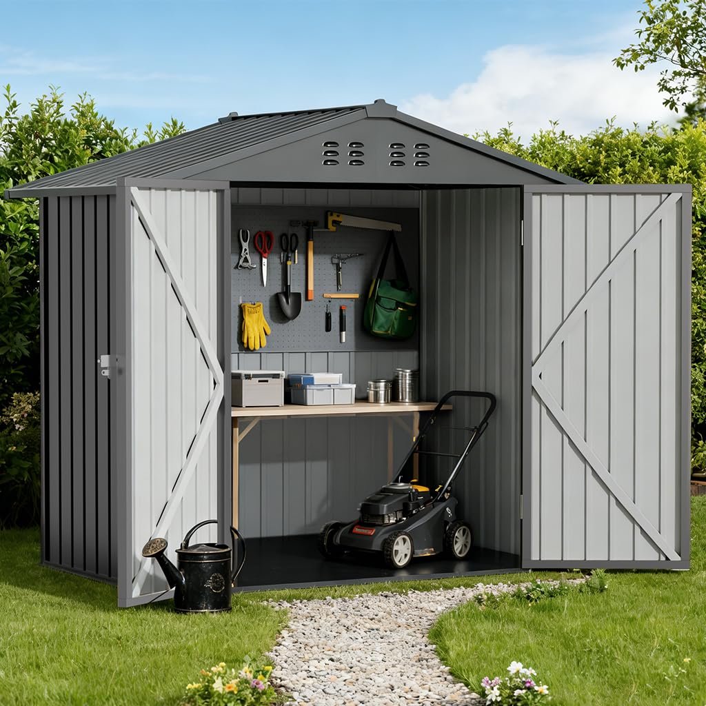COMHOMA 6'x4' Shed Outdoor Storage Metal, Weatherproof Garden Utility Tool House with Lockable Doors & Adjustable Shelving, Ventilated Backyard Workshop,Grey COMHOMA 6'x4' Shed Outdoor Storage Metal, Weatherproof Garden Utility Tool House with Lockable Doors & Adjustable Shelving, Ventilated Backyard Workshop,Grey
