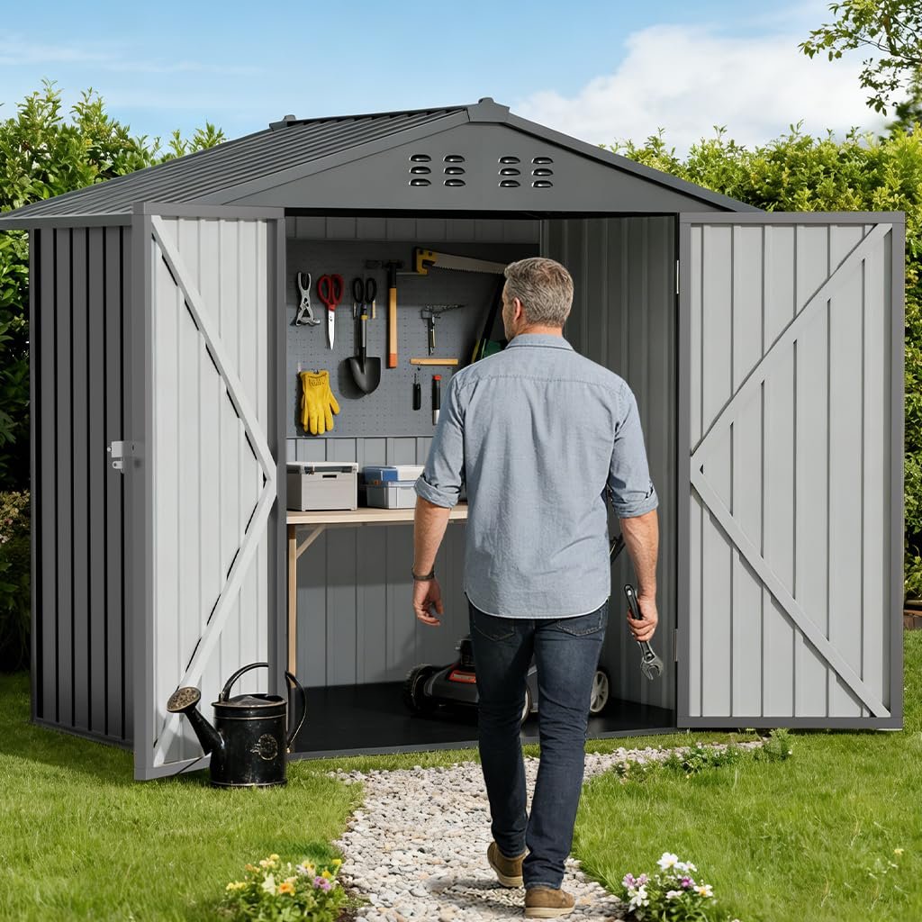 COMHOMA 6'x4' Shed Outdoor Storage Metal, Weatherproof Garden Utility Tool House with Lockable Doors & Adjustable Shelving, Ventilated Backyard Workshop,Grey COMHOMA 6'x4' Shed Outdoor Storage Metal, Weatherproof Garden Utility Tool House with Lockable Doors & Adjustable Shelving, Ventilated Backyard Workshop,Grey