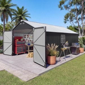 Devoko 12x20 FT Outdoor Storage Shed, Heavy Duty Metal Garden Shed with 3 Doors & Windows, All-Weather Large Tool Shed for Patio Lawn Backyard, Black