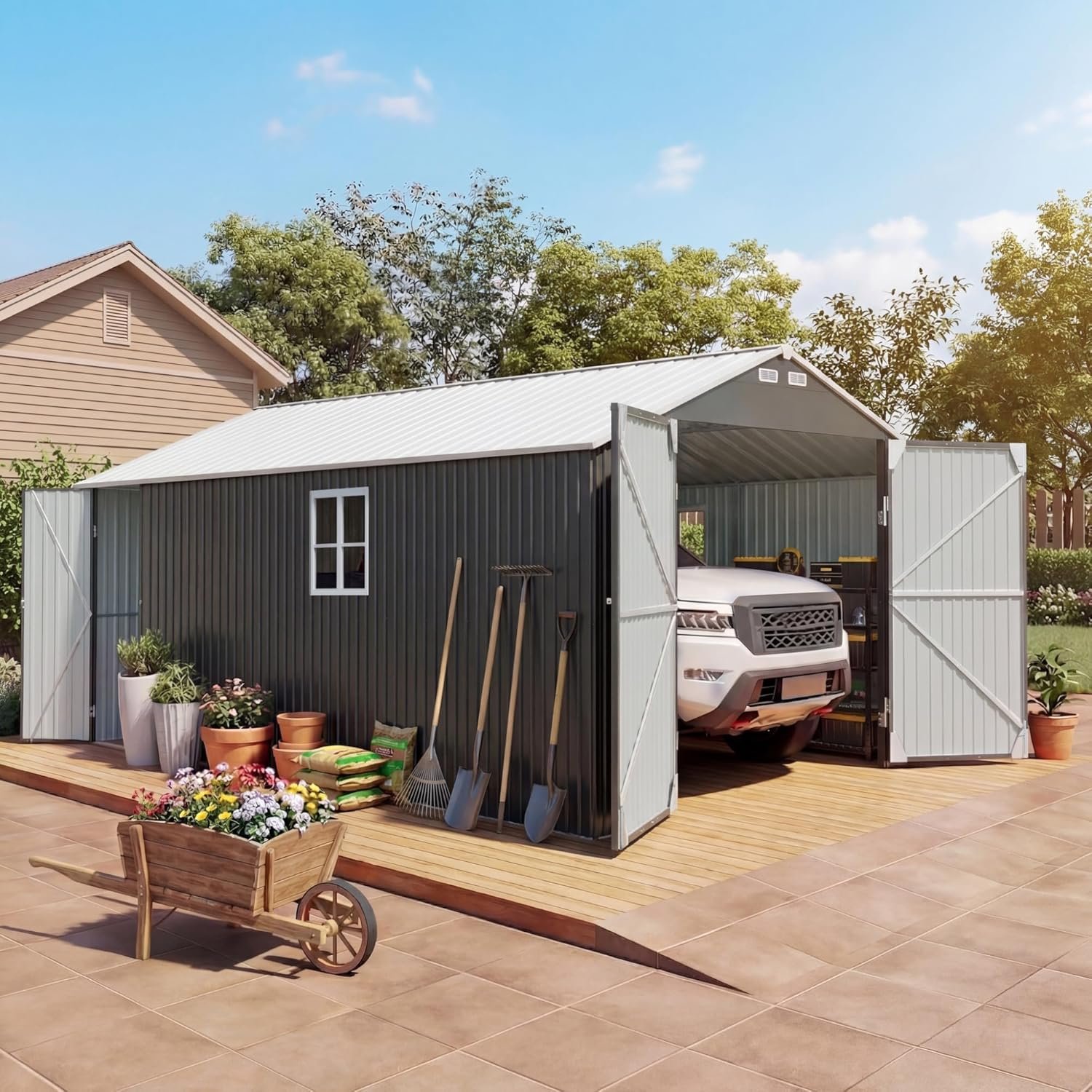 Devoko 12x20 FT Outdoor Storage Shed, Heavy Duty Metal Garden Shed with 3 Doors & Windows, All-Weather Large Tool Shed for Patio Lawn Backyard, Black Devoko 12x20 FT Outdoor Storage Shed, Heavy Duty Metal Garden Shed with 3 Doors & Windows, All-Weather Large Tool Shed for Patio Lawn Backyard, Black