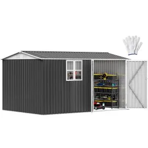 DWVO 12x8ft Metal Outdoor Storage Shed with Window, Lockable Tool Storage Sheds, Oversized Steel Garden Sheds with Sloped Roof for Backyard, Patio, Garage, Lawn, Gray & White