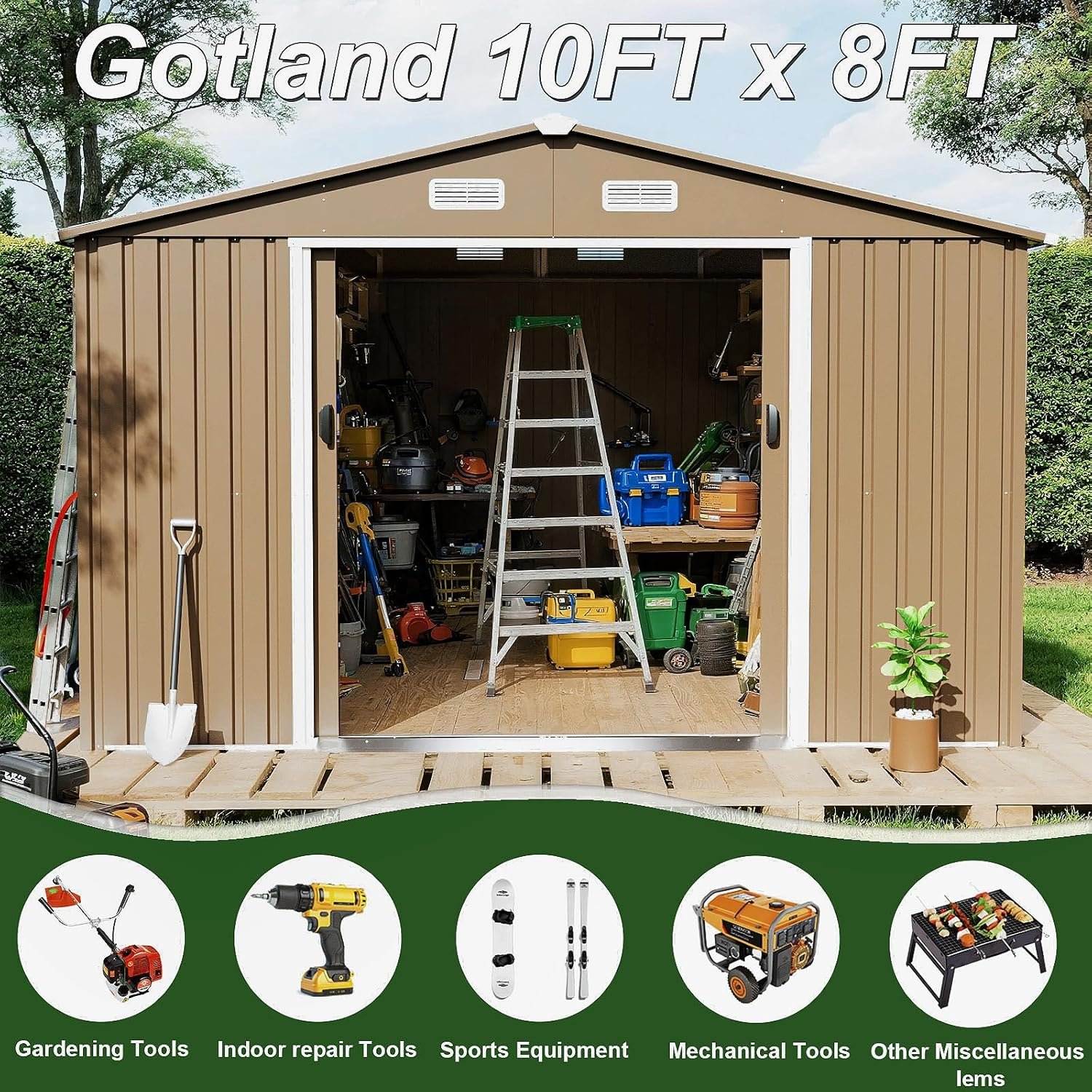 Gotland 10FT x 8FT Sheds & Outdoor Storage, Storage Shed with 1 Large Window Sloped Step, Metal Shed with 2 Lockable Slide Doors Air Vents, Outdoor Shed for Backyard Patio Lawn... Gotland 10FT x 8FT Sheds & Outdoor Storage, Storage Shed with 1 Large Window Sloped Step, Metal Shed with 2 Lockable Slide Doors Air Vents, Outdoor Shed for Backyard Patio Lawn...
