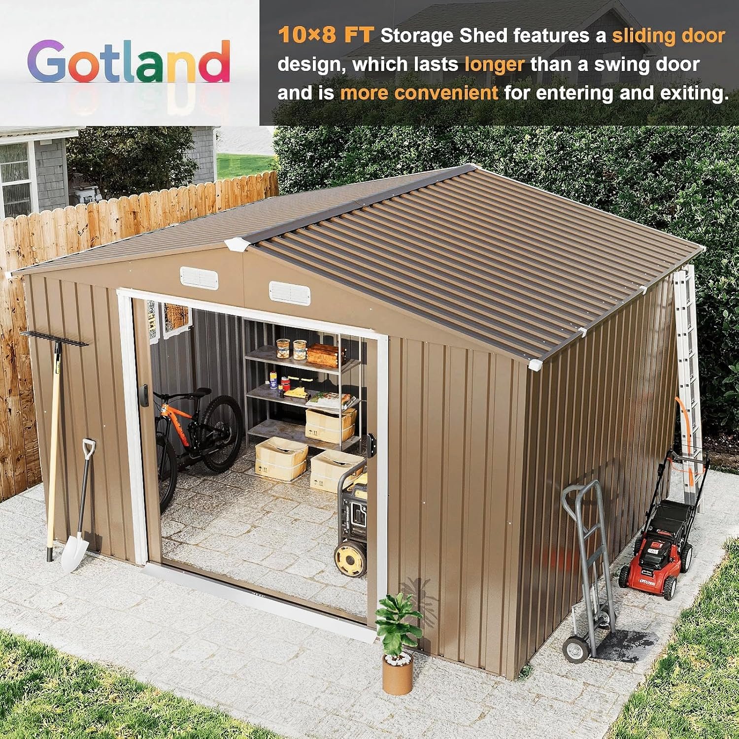 Gotland 10FT x 8FT Sheds & Outdoor Storage, Storage Shed with 1 Large Window Sloped Step, Metal Shed with 2 Lockable Slide Doors Air Vents, Outdoor Shed for Backyard Patio Lawn... Gotland 10FT x 8FT Sheds & Outdoor Storage, Storage Shed with 1 Large Window Sloped Step, Metal Shed with 2 Lockable Slide Doors Air Vents, Outdoor Shed for Backyard Patio Lawn...