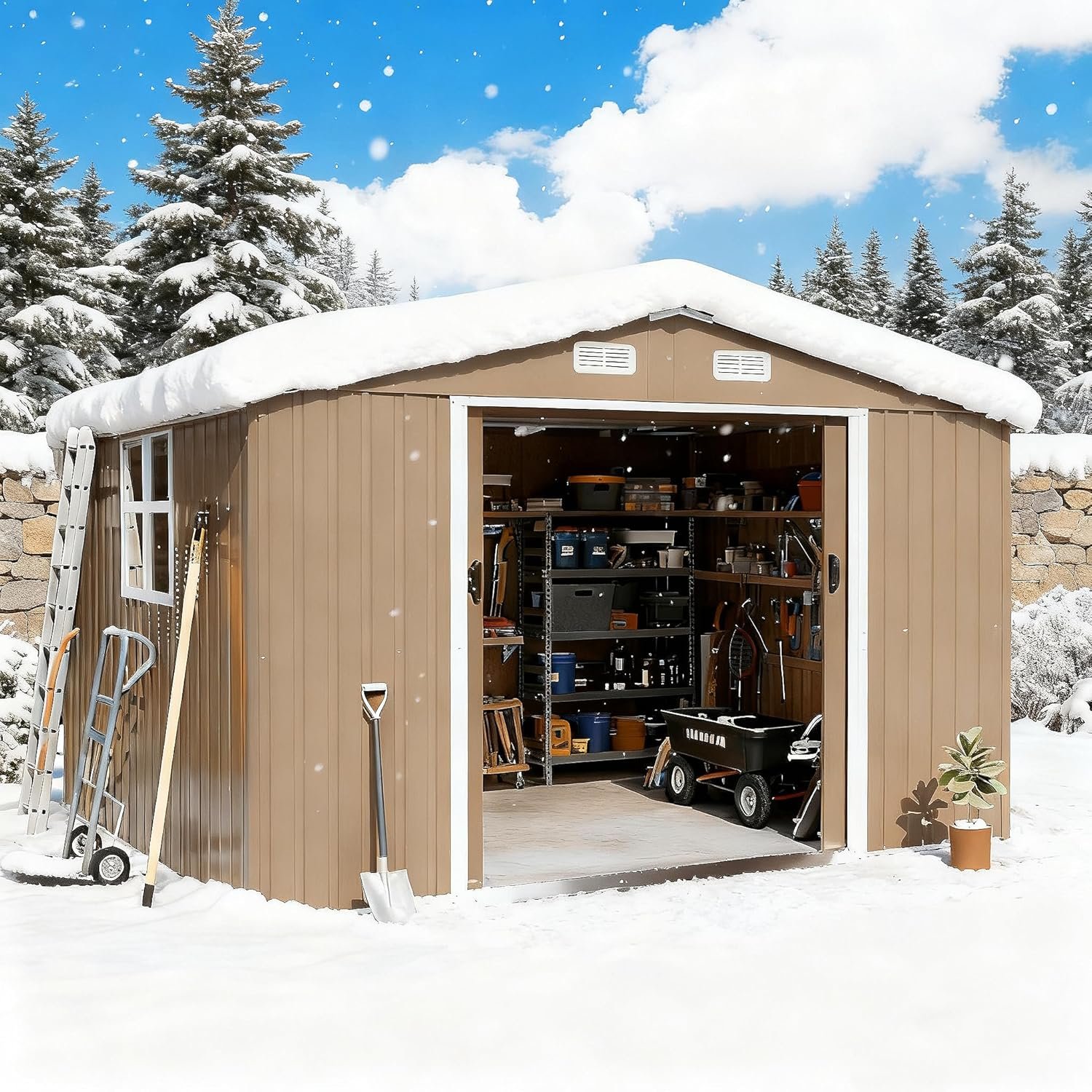 Gotland 10FT x 8FT Sheds & Outdoor Storage, Storage Shed with 1 Large Window Sloped Step, Metal Shed with 2 Lockable Slide Doors Air Vents, Outdoor Shed for Backyard Patio Lawn... Gotland 10FT x 8FT Sheds & Outdoor Storage, Storage Shed with 1 Large Window Sloped Step, Metal Shed with 2 Lockable Slide Doors Air Vents, Outdoor Shed for Backyard Patio Lawn...