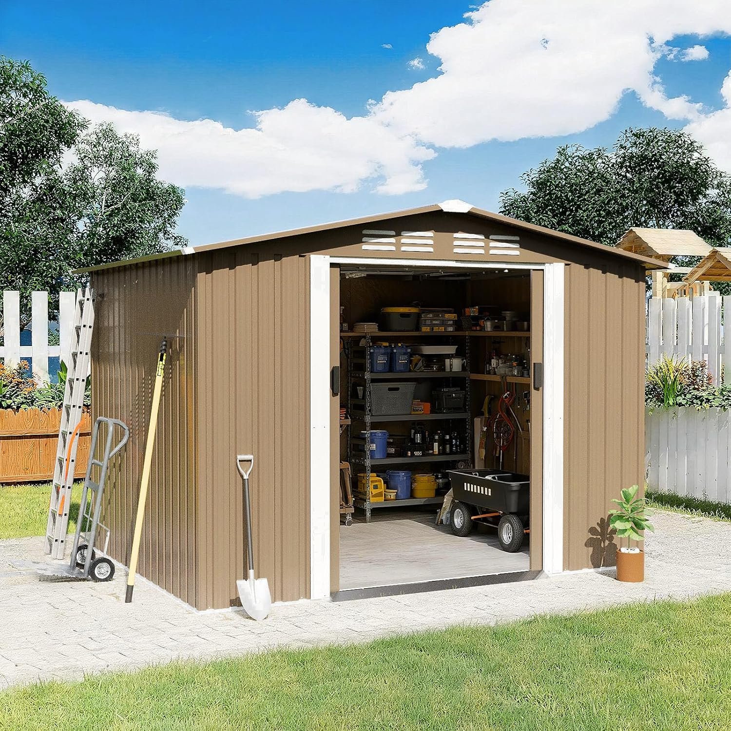Gotland 10FT x 8FT Sheds & Outdoor Storage, Storage Shed with 1 Large Window Sloped Step, Metal Shed with 2 Lockable Slide Doors Air Vents, Outdoor Shed for Backyard Patio Lawn... Gotland 10FT x 8FT Sheds & Outdoor Storage, Storage Shed with 1 Large Window Sloped Step, Metal Shed with 2 Lockable Slide Doors Air Vents, Outdoor Shed for Backyard Patio Lawn...