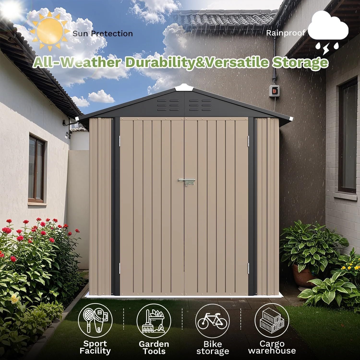 Greesum 6×4FT Outdoor Storage Shed, Metal Patio Storaged Sheds with Lockable Doors, Sheds & Outdoor Storage for Bike, Backyard, Pool and Garden, Brown Greesum 6×4FT Outdoor Storage Shed, Metal Patio Storaged Sheds with Lockable Doors, Sheds & Outdoor Storage for Bike, Backyard, Pool and Garden, Brown