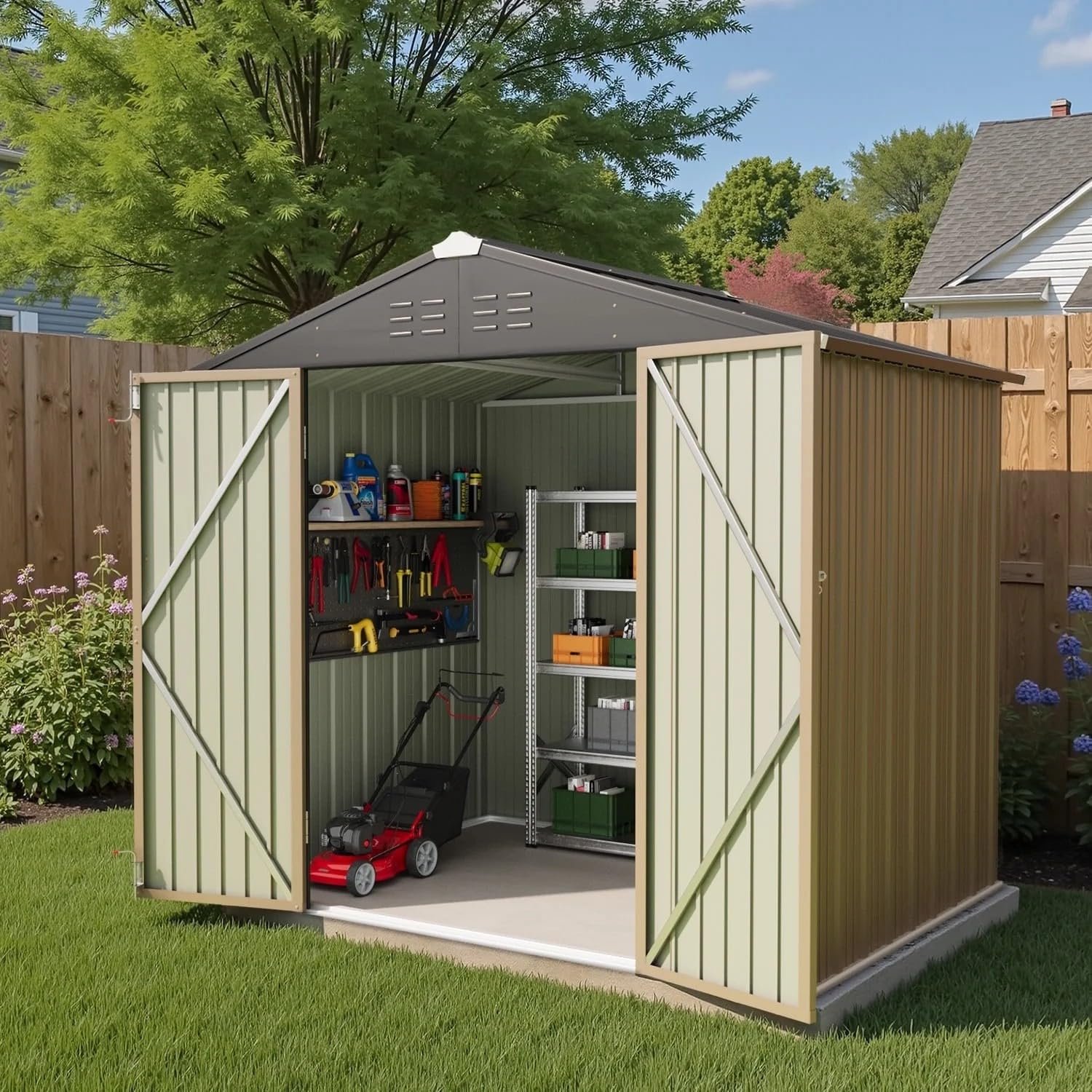 Greesum 6×4FT Outdoor Storage Shed, Metal Patio Storaged Sheds with Lockable Doors, Sheds & Outdoor Storage for Bike, Backyard, Pool and Garden, Brown Greesum 6×4FT Outdoor Storage Shed, Metal Patio Storaged Sheds with Lockable Doors, Sheds & Outdoor Storage for Bike, Backyard, Pool and Garden, Brown
