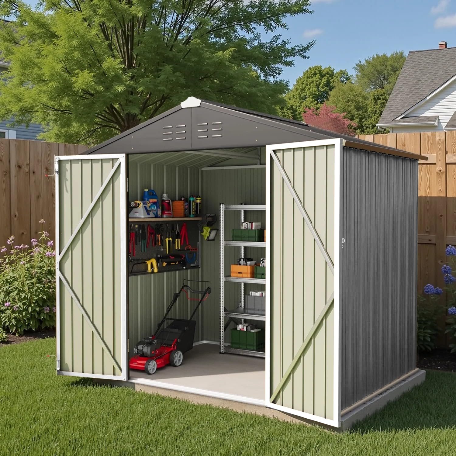 Greesum 6×4FT Outdoor Storage Shed, Metal Patio Storaged Sheds with Lockable Doors, Sheds & Outdoor Storage for Bike, Backyard, Pool and Garden, Brown Greesum 6×4FT Outdoor Storage Shed, Metal Patio Storaged Sheds with Lockable Doors, Sheds & Outdoor Storage for Bike, Backyard, Pool and Garden, Brown