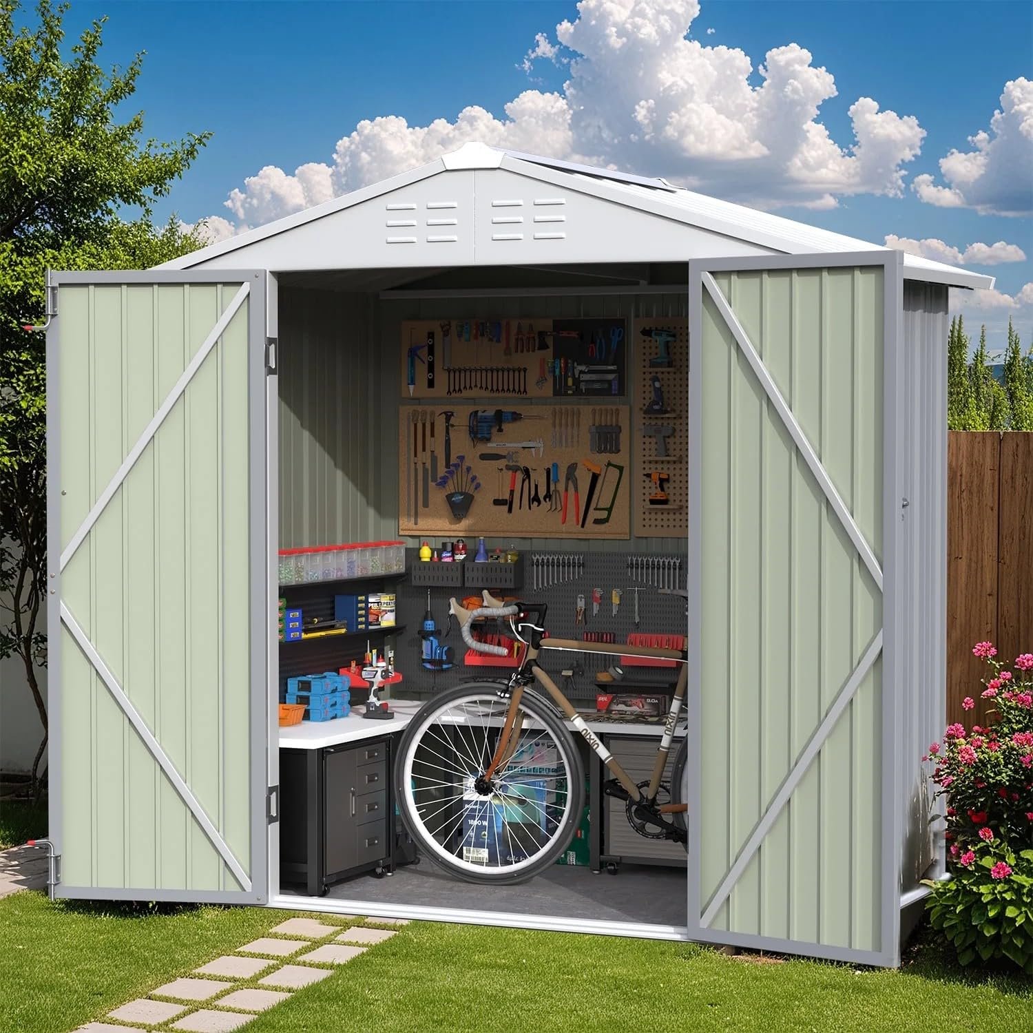 Greesum 6×4FT Outdoor Storage Shed, Metal Patio Storaged Sheds with Lockable Doors, Sheds & Outdoor Storage for Bike, Backyard, Pool and Garden, Brown Greesum 6×4FT Outdoor Storage Shed, Metal Patio Storaged Sheds with Lockable Doors, Sheds & Outdoor Storage for Bike, Backyard, Pool and Garden, Brown