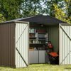 Greesum 8x6FT Outdoor Storage Shed, Utility Tool Shed with Sloping Roof, Metal Storaged Garden Shed with Door & Lock for Patio Storage, Light Brown