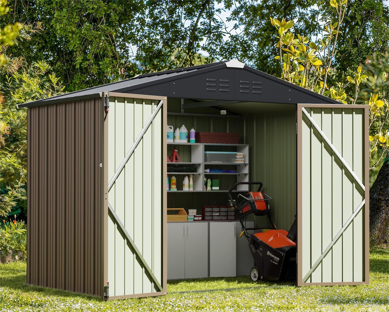 Greesum 8x6FT Outdoor Storage Shed, Utility Tool Shed with Sloping Roof, Metal Storaged Garden Shed with Door & Lock for Patio Storage, Light Brown