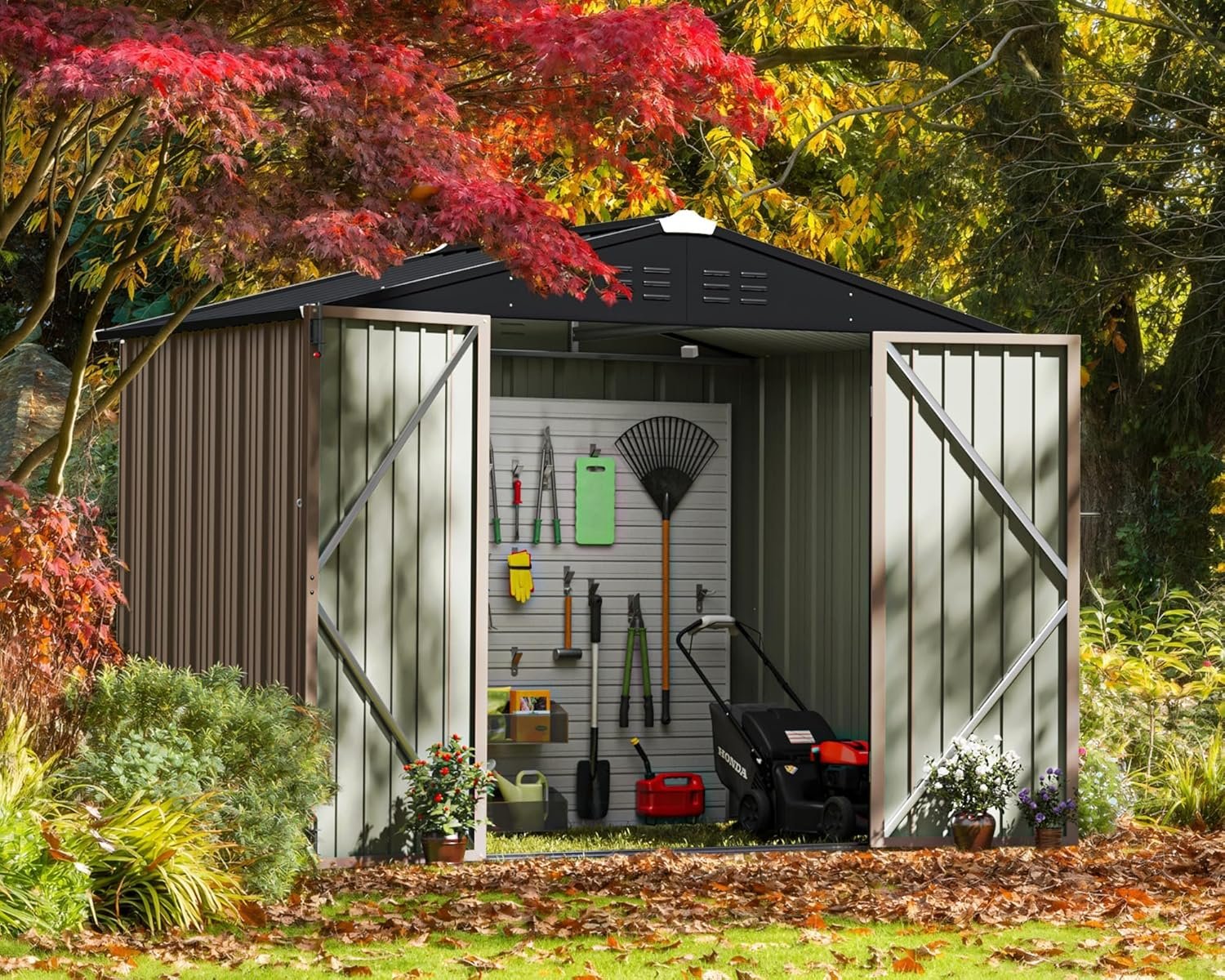 Greesum 8x6FT Outdoor Storage Shed, Utility Tool Shed with Sloping Roof, Metal Storaged Garden Shed with Door & Lock for Patio Storage, Light Brown Greesum 8x6FT Outdoor Storage Shed, Utility Tool Shed with Sloping Roof, Metal Storaged Garden Shed with Door & Lock for Patio Storage, Light Brown