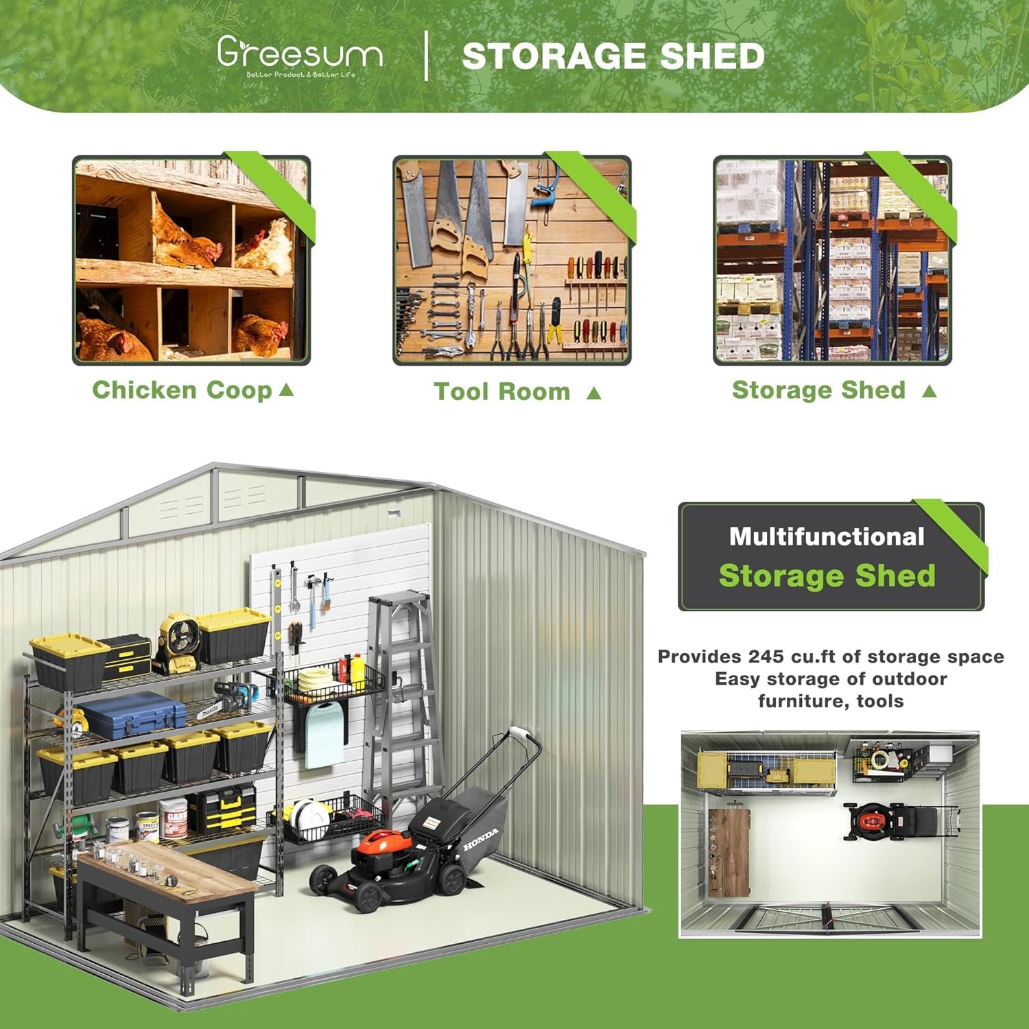 Greesum 8x6FT Outdoor Storage Shed, Utility Tool Shed with Sloping Roof, Metal Storaged Garden Shed with Door & Lock for Patio Storage, Light Brown Greesum 8x6FT Outdoor Storage Shed, Utility Tool Shed with Sloping Roof, Metal Storaged Garden Shed with Door & Lock for Patio Storage, Light Brown